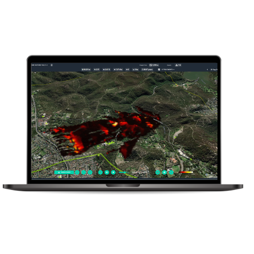 Laptop screen displaying FiSci's bushfire mitigation platform Mitigate, with it's fire spread technology.