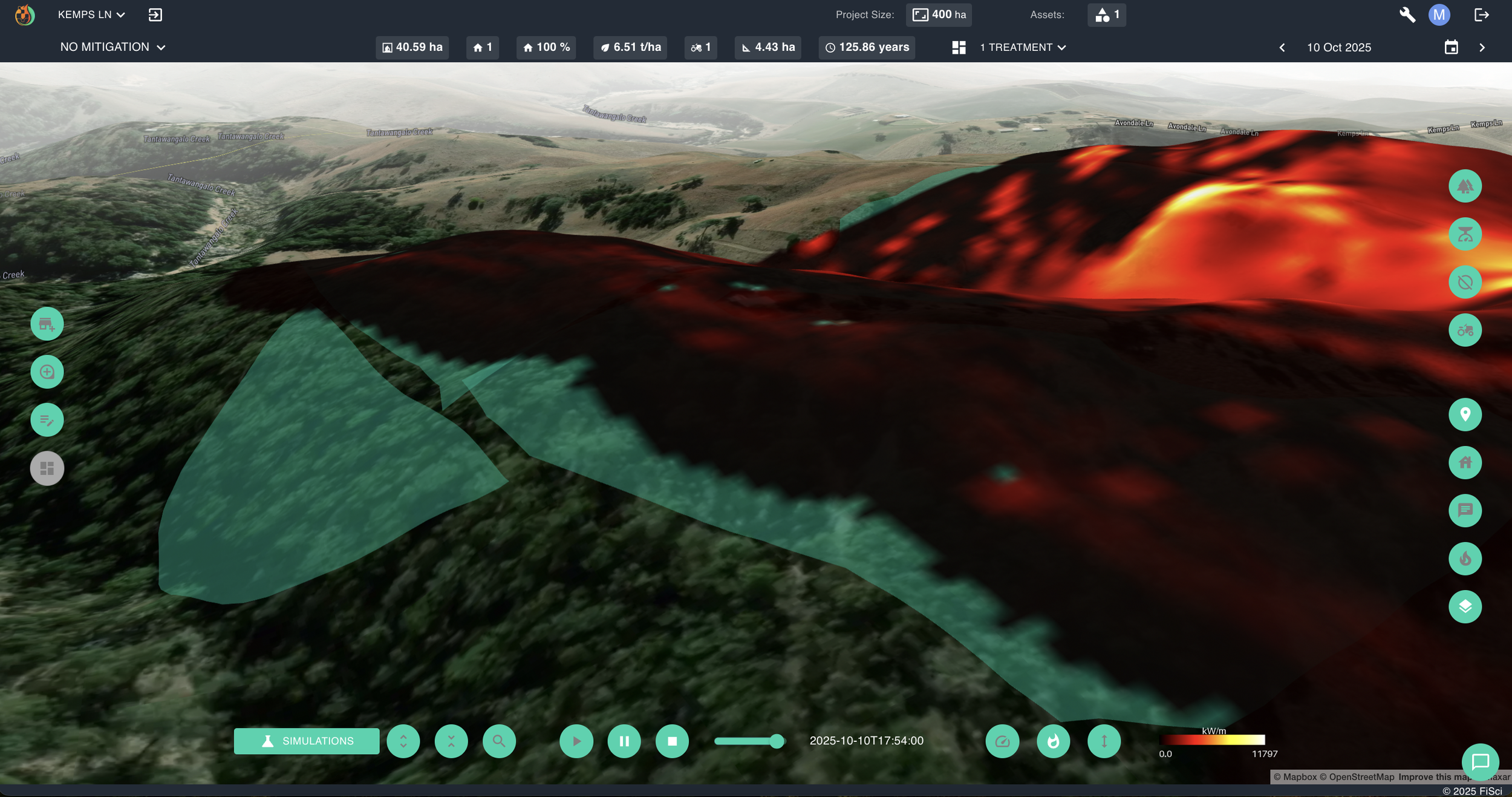 FiSci Mitigate platform 3D landscape view showing the 18:00 wildfire simulation overlaid on the actual fire footprint in cyan, validating predictive AI behavior modeling accuracy across the event lifecycle.