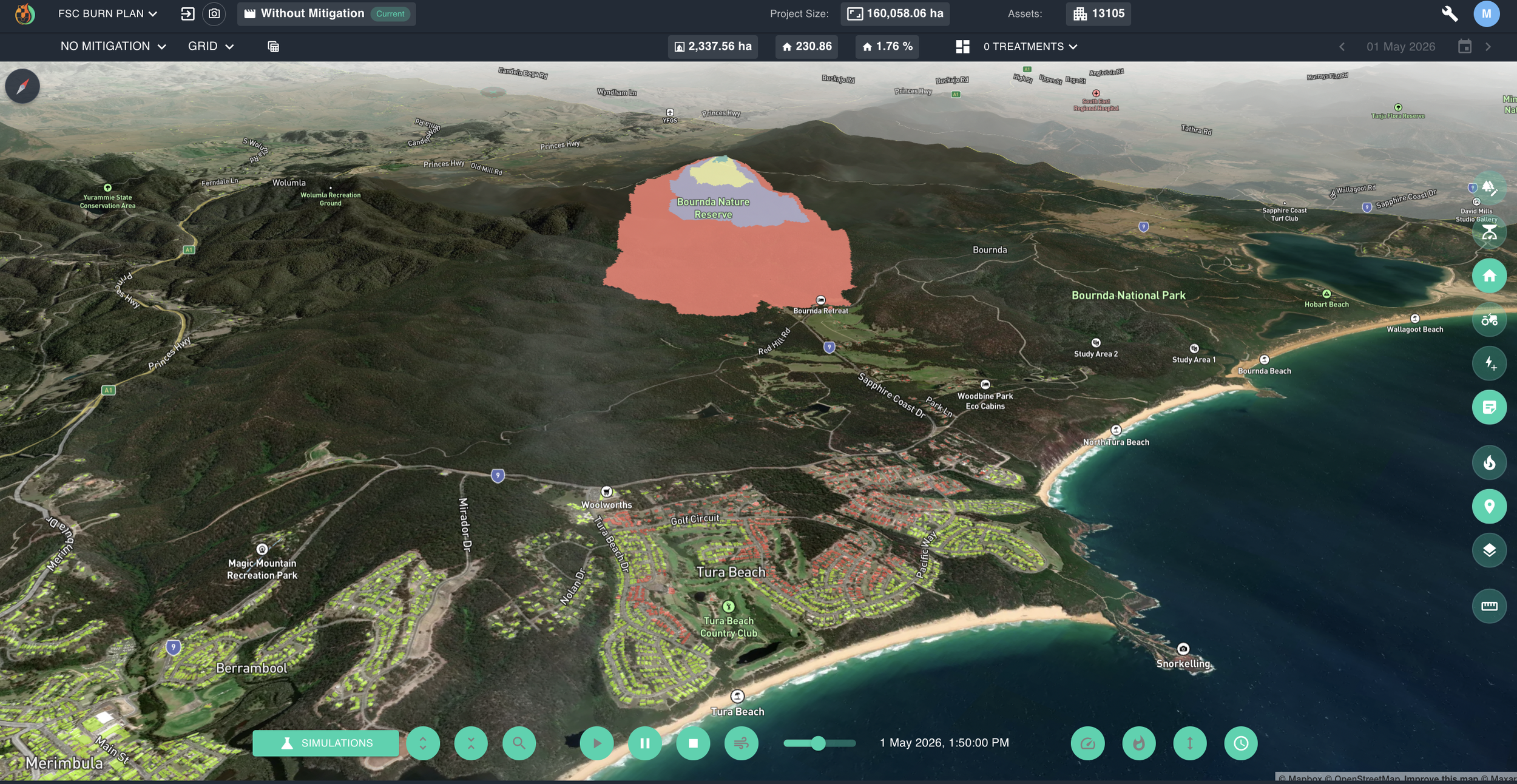 FiSci Mitigate software interface mapping a baseline 3D wildfire simulation without mitigation, tracking a predicted head fire propagating from Bournda Nature Reserve onto residential assets at Tura Beach using predictive AI behaviour models.