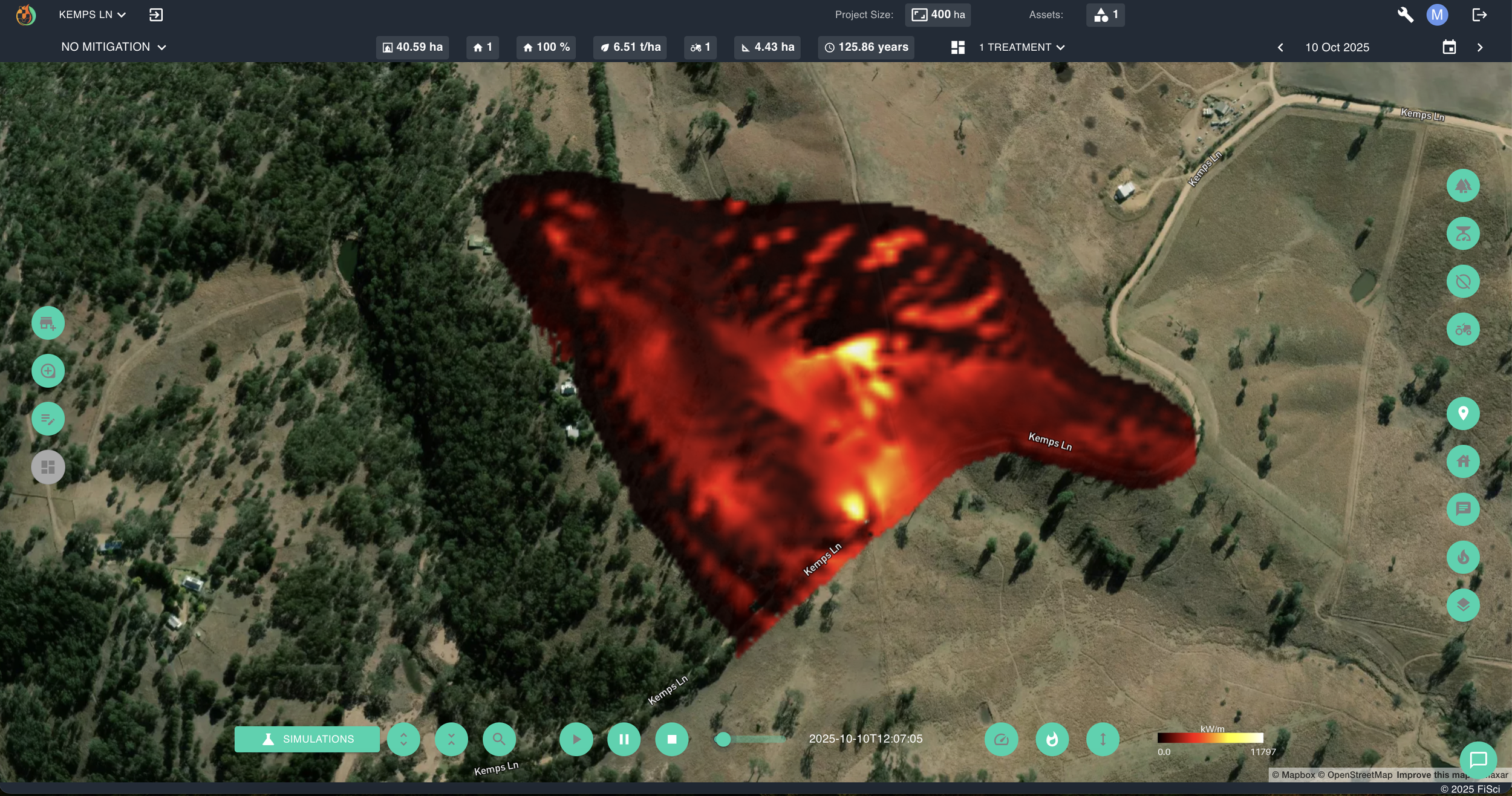 FiSci Mitigate platform mapping the predicted wildfire footprint and fireline intensity profile along Kemps Lane at the exact timestamp of the operational pager alert shortly after midday, utilizing predictive AI tracking layers.