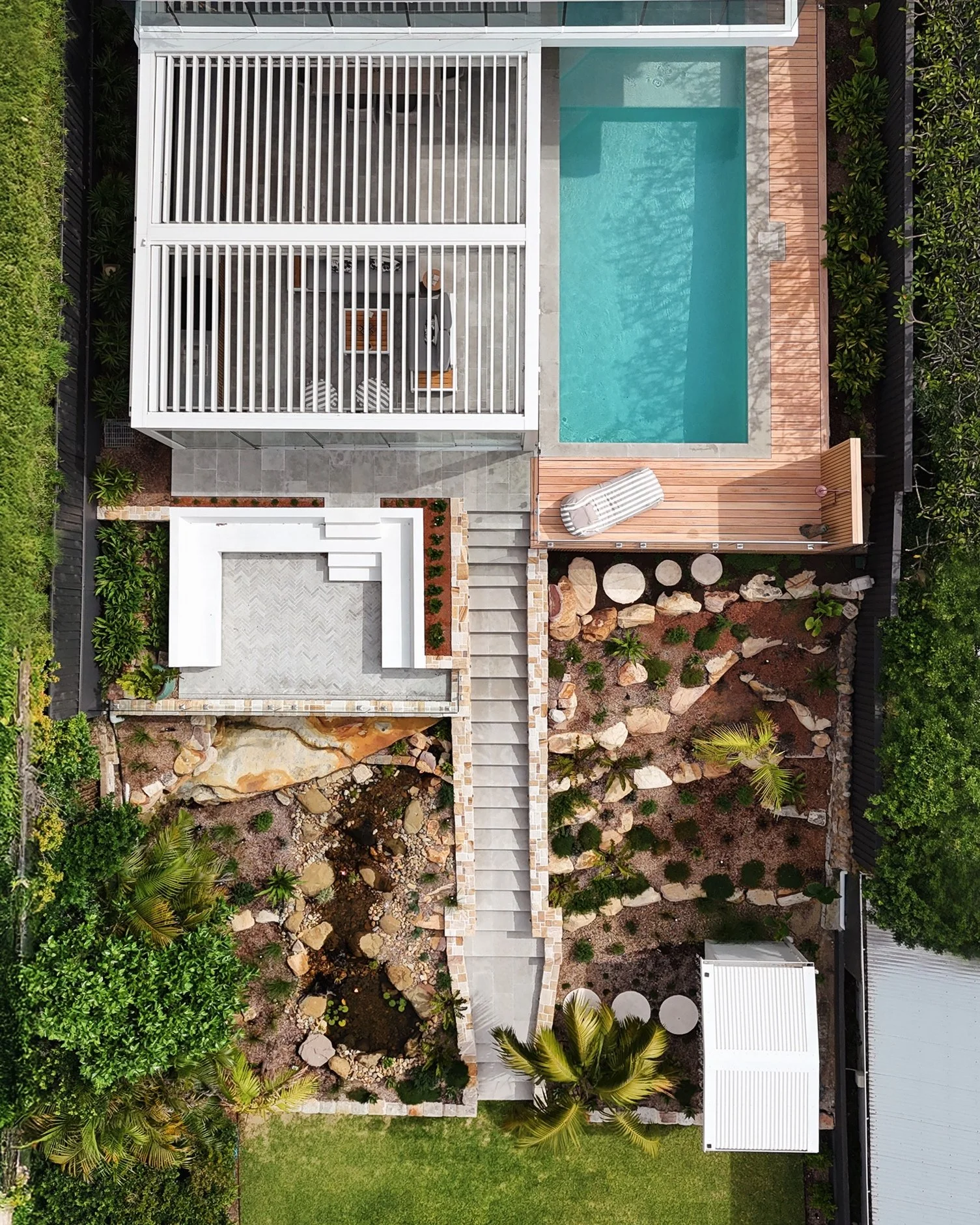 Overhead view of pool construction and landscaped backyard, Burraneer Sutherland Shire pool builders