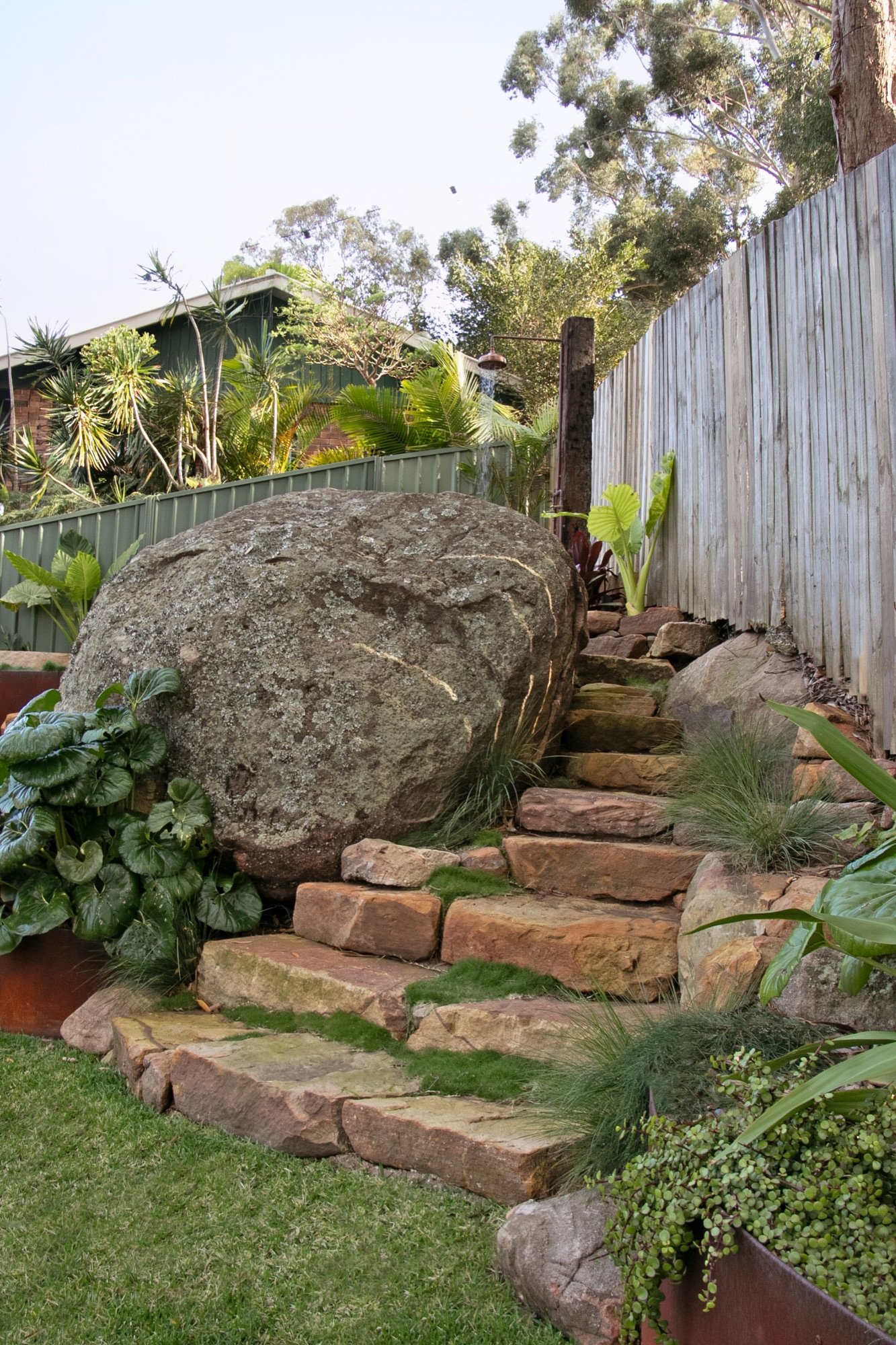 Sandstone stairs winding past the original boulder in a sloping Bulli garden