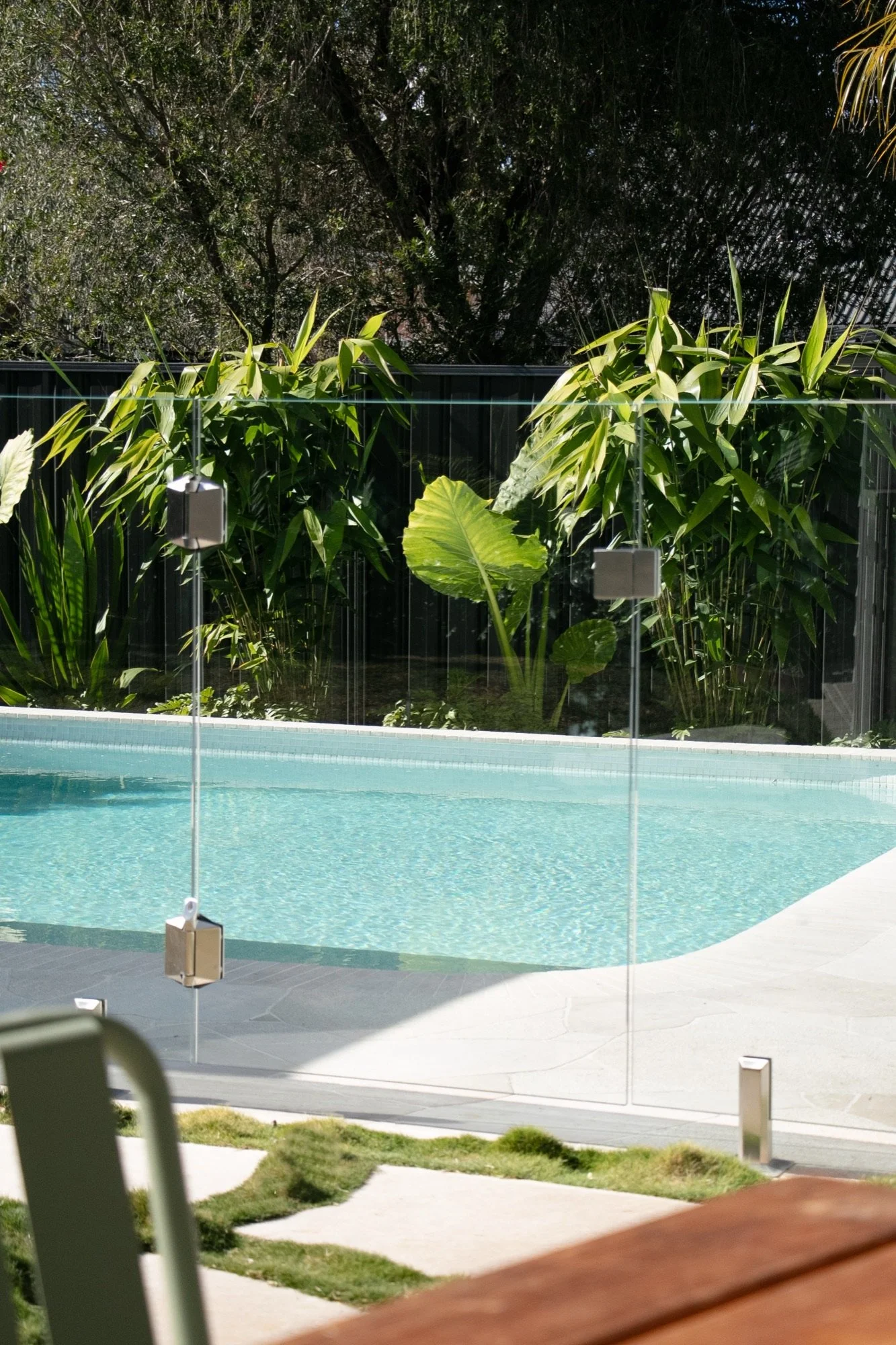 Concrete pool and tropical planting seen through frameless glass fencing in Yowie Bay