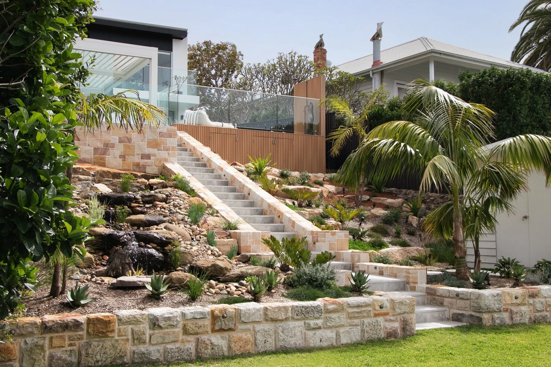 Natural water feature and landscaped garden detail, Burraneer landscape construction Sutherland Shire