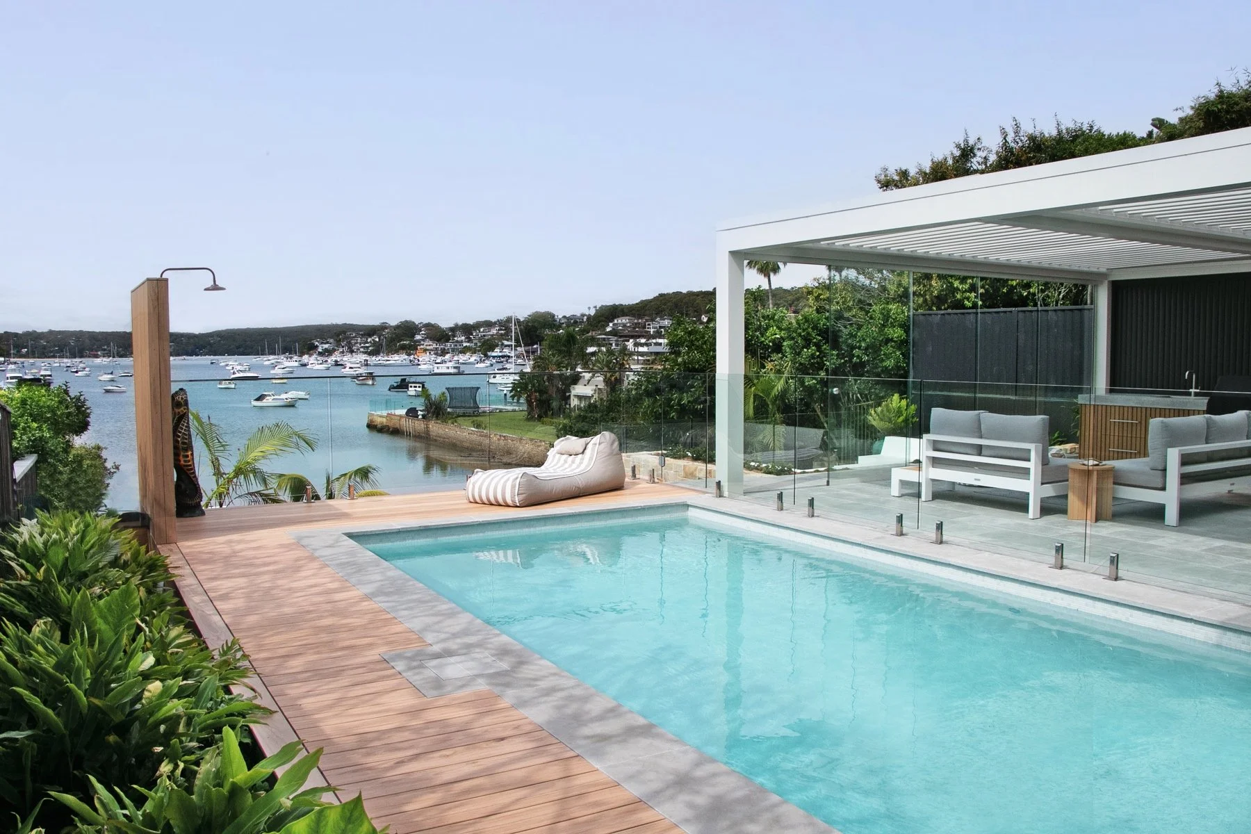 Covered alfresco area overlooking the bay, custom pool renovation Burraneer Sutherland Shire