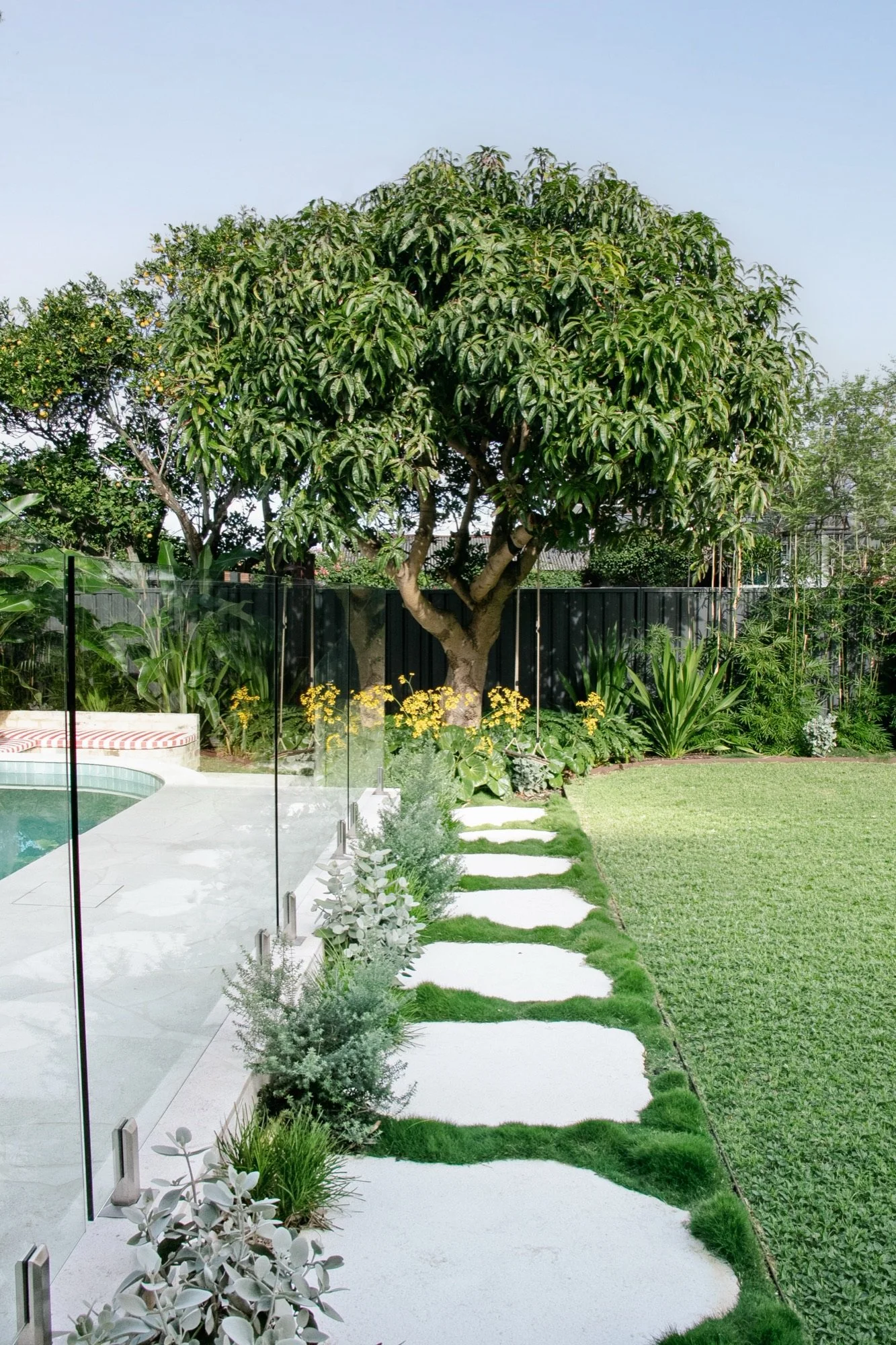 Large stone steppers set in lawn beside the pool, leading to the existing mango tree in Chifley