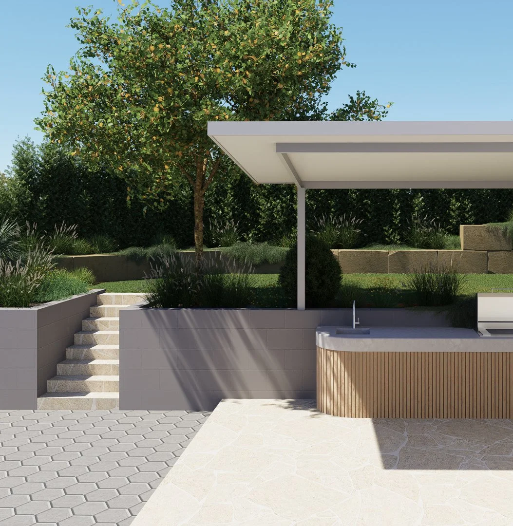 Roofed outdoor kitchen with BBQ, landscape design Illawarra