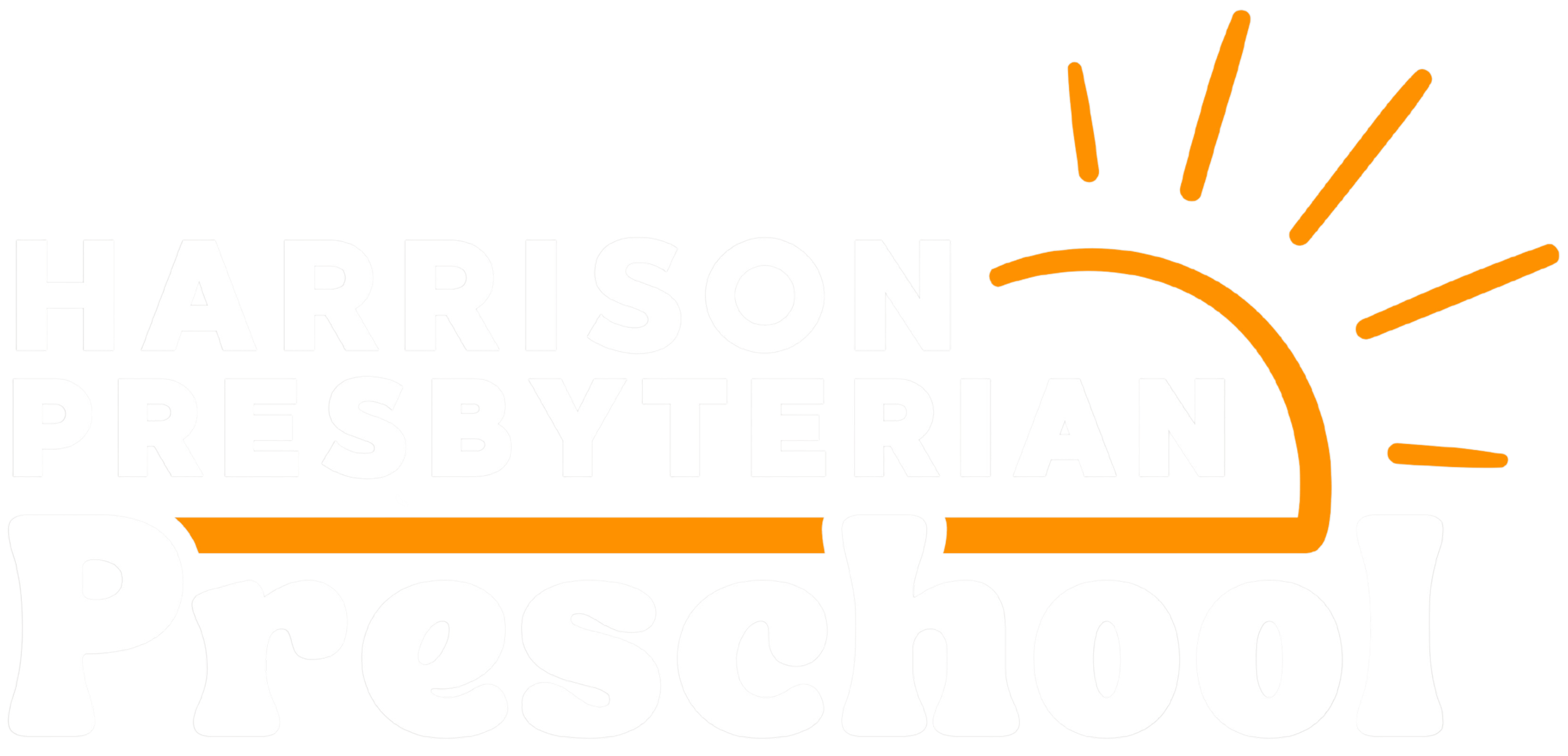 Logo for Harrison Presbyterian Preschool featuring the name in bold letters with an orange and gray sunburst design.