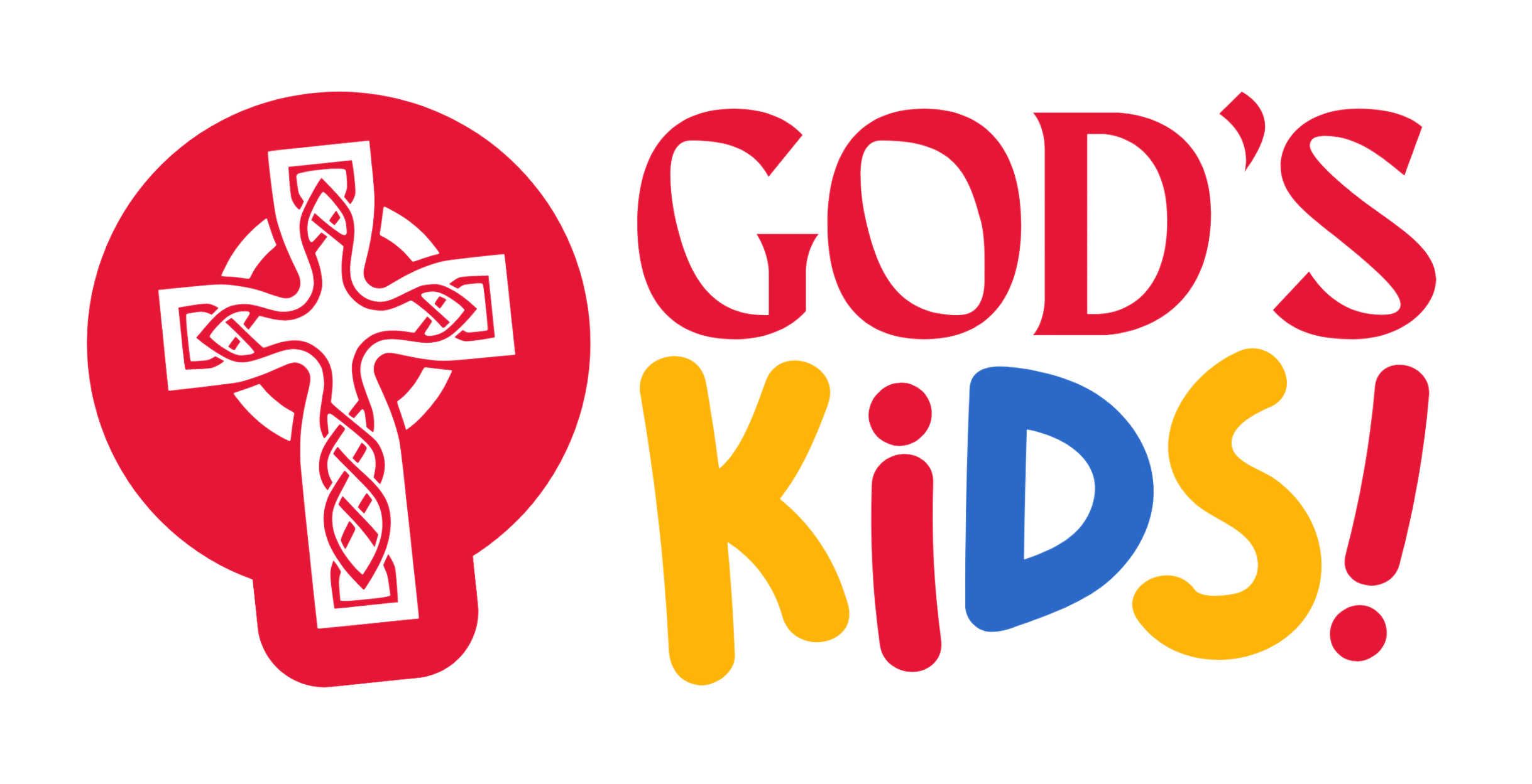 Colorful logo for 'God's Kids' featuring a red cross with intricate knot designs within a red circle, and the words 'GOD'S KIDS!' in large, multicolored letters.