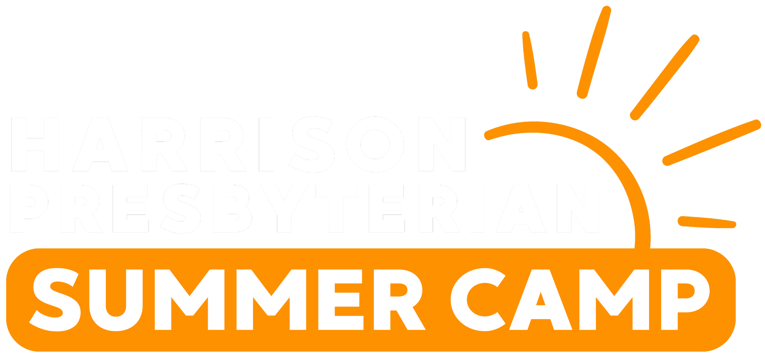 Harrison Presbyterian Summer Camp logo with a stylized orange sun setting behind a horizon, with rays emanating from the sun, black background, white and orange text.