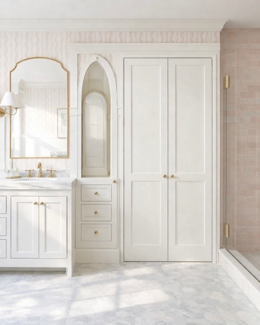Soft, timeless, and thoughtfully tailored ✨
 This Jack &amp; Jill girls&rsquo; bath was designed to feel elevated yet enduring. A place where delicate blush tones, classic millwork, and warm brass details create a space that will grow gracefully with