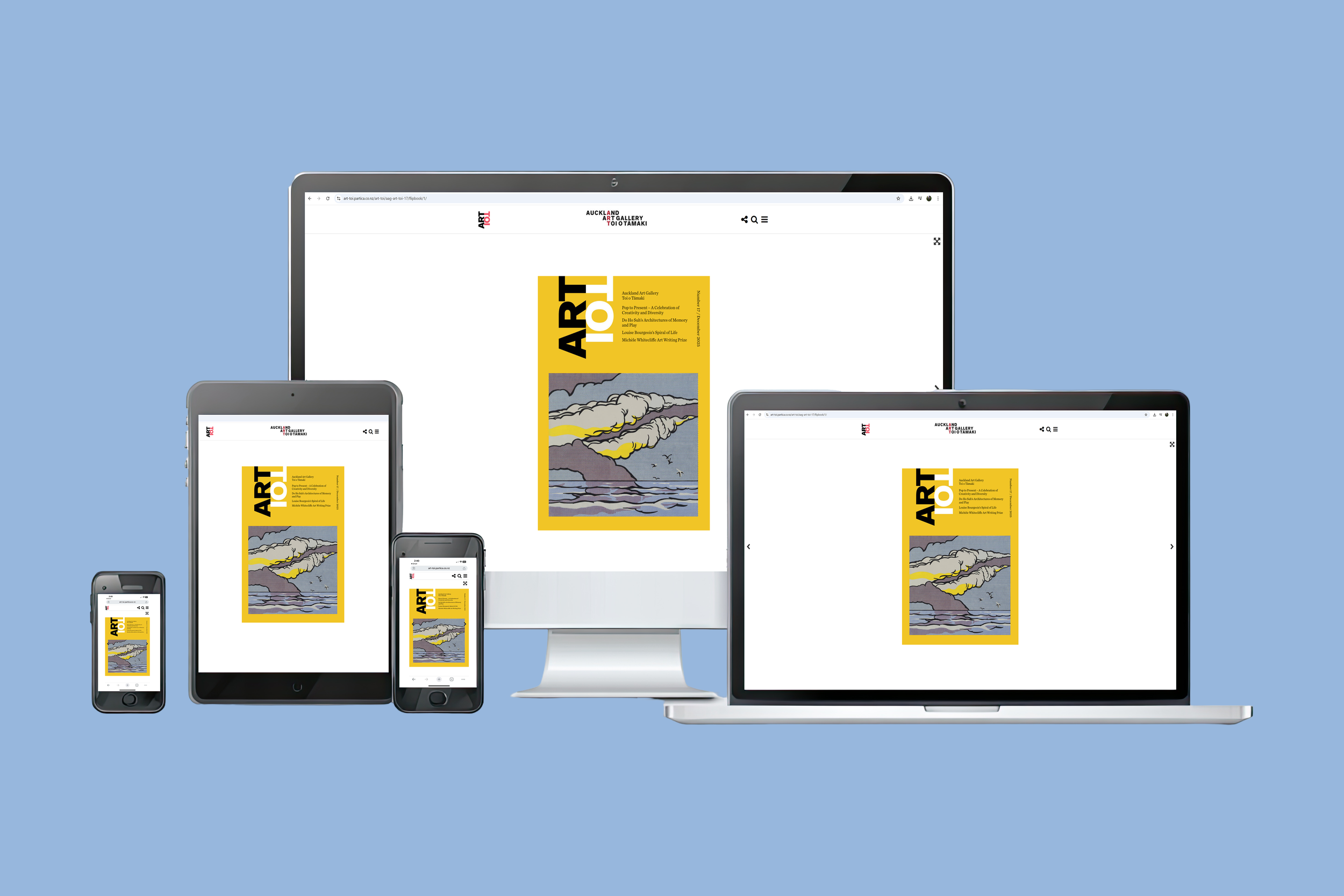 Multiple electronic devices displaying the same webpage featuring a modern art publication with a yellow cover, an illustration of a cloud and mountainous landscape, on a blue background.