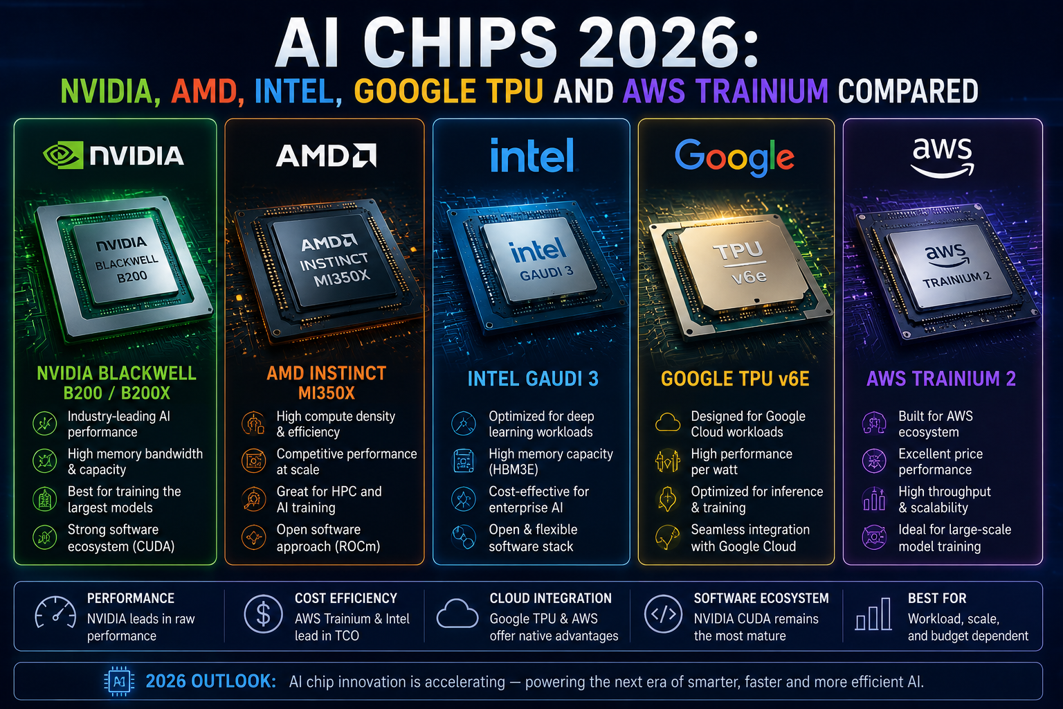 AI Chips 2026: NVIDIA, AMD, Intel, Google TPU and AWS Trainium Compared