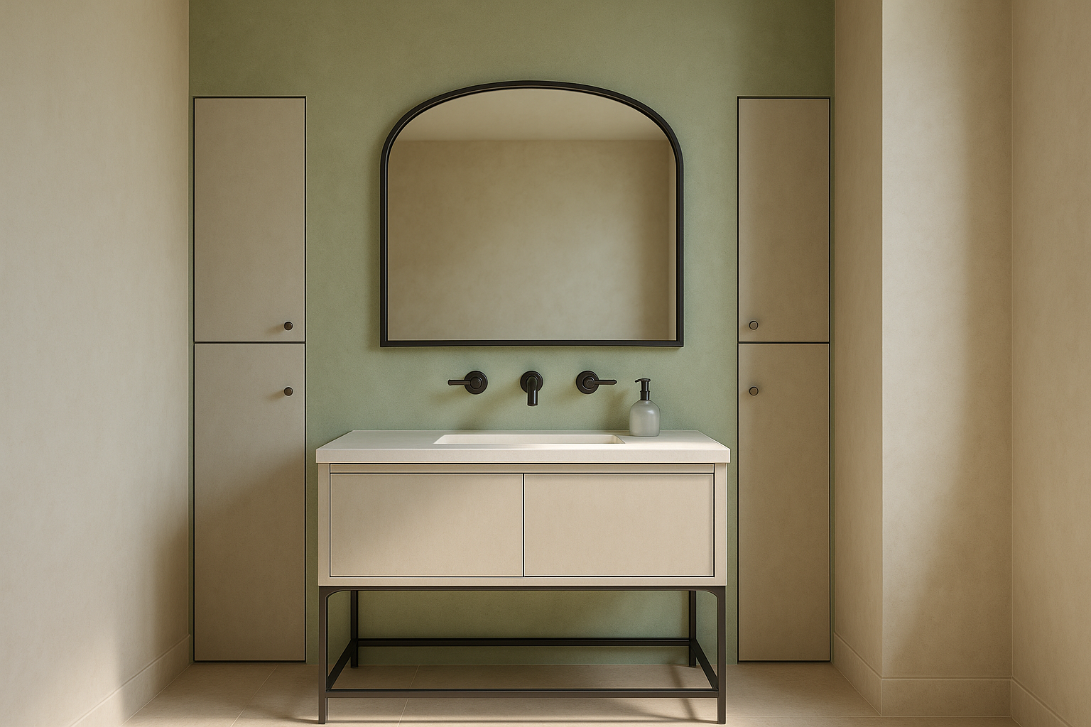 Minimalist bathroom with a light-colored vanity, a large mirror with a black frame, and built-in storage cabinets. The walls are painted in soft green and cream tones.