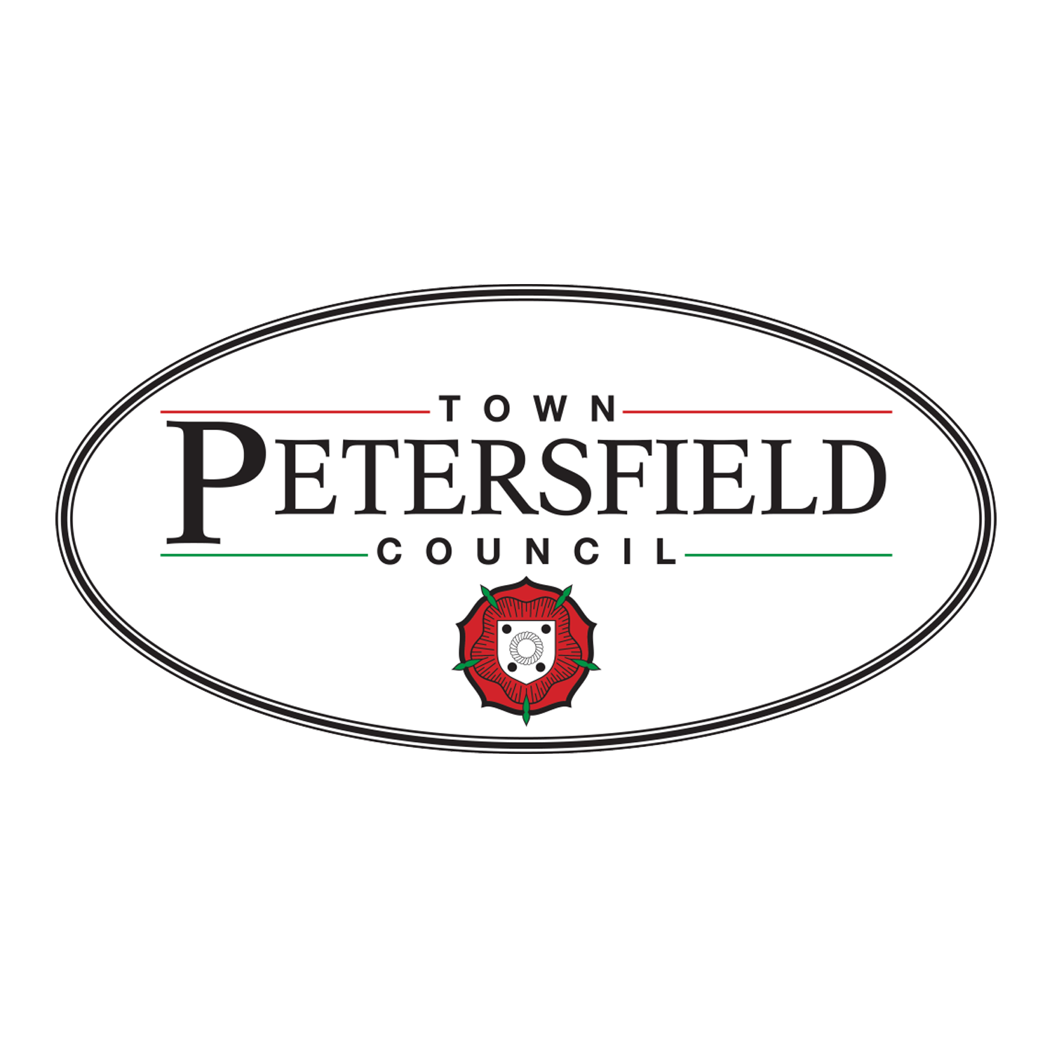 Logo of Town Petersfield Council with black text, a red and white emblem, and small green and red lines above and below the words.