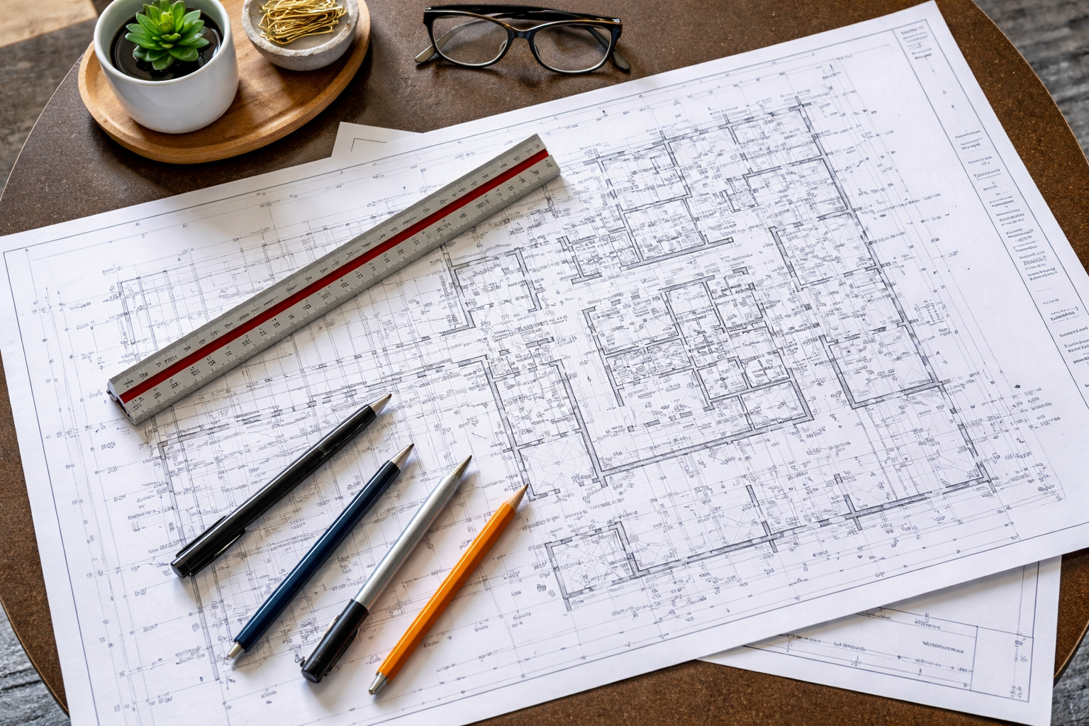Architectural blueprint on a wooden table with pens, a silver ruler, glasses, a small potted succulent, and a container of paper clips.