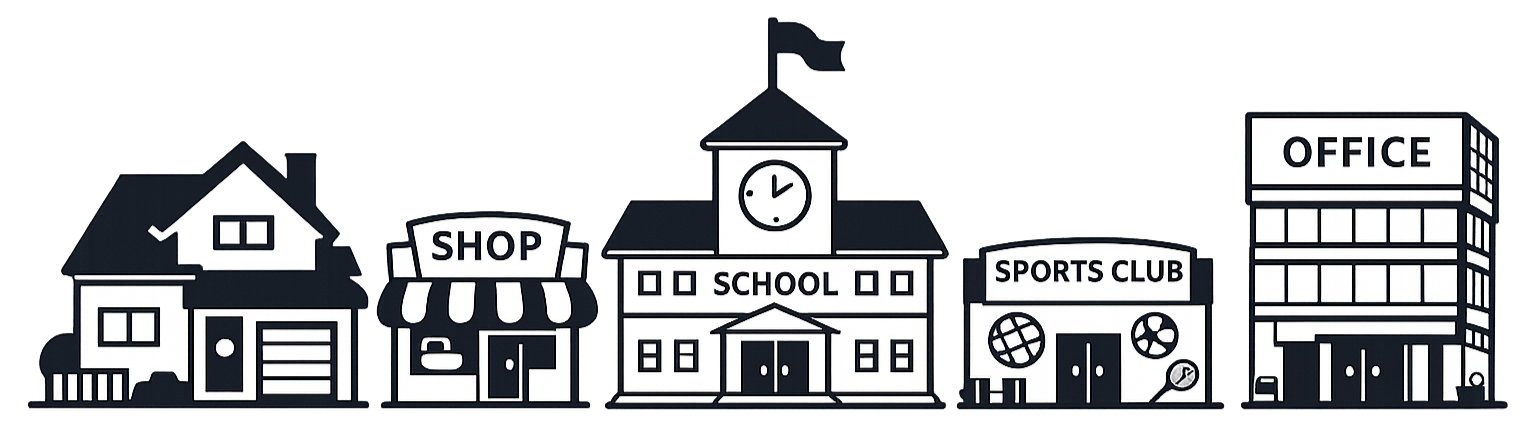 Line drawing of various community buildings including a house, a shop, a school, a sports club, and an office, arranged in a row.