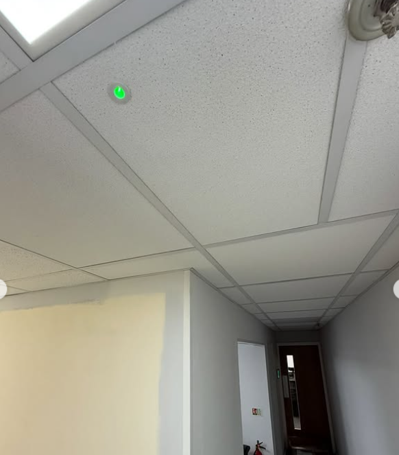 Ceiling with a green indicator light, part of a corridor with doorways, and a fire extinguisher in the background.