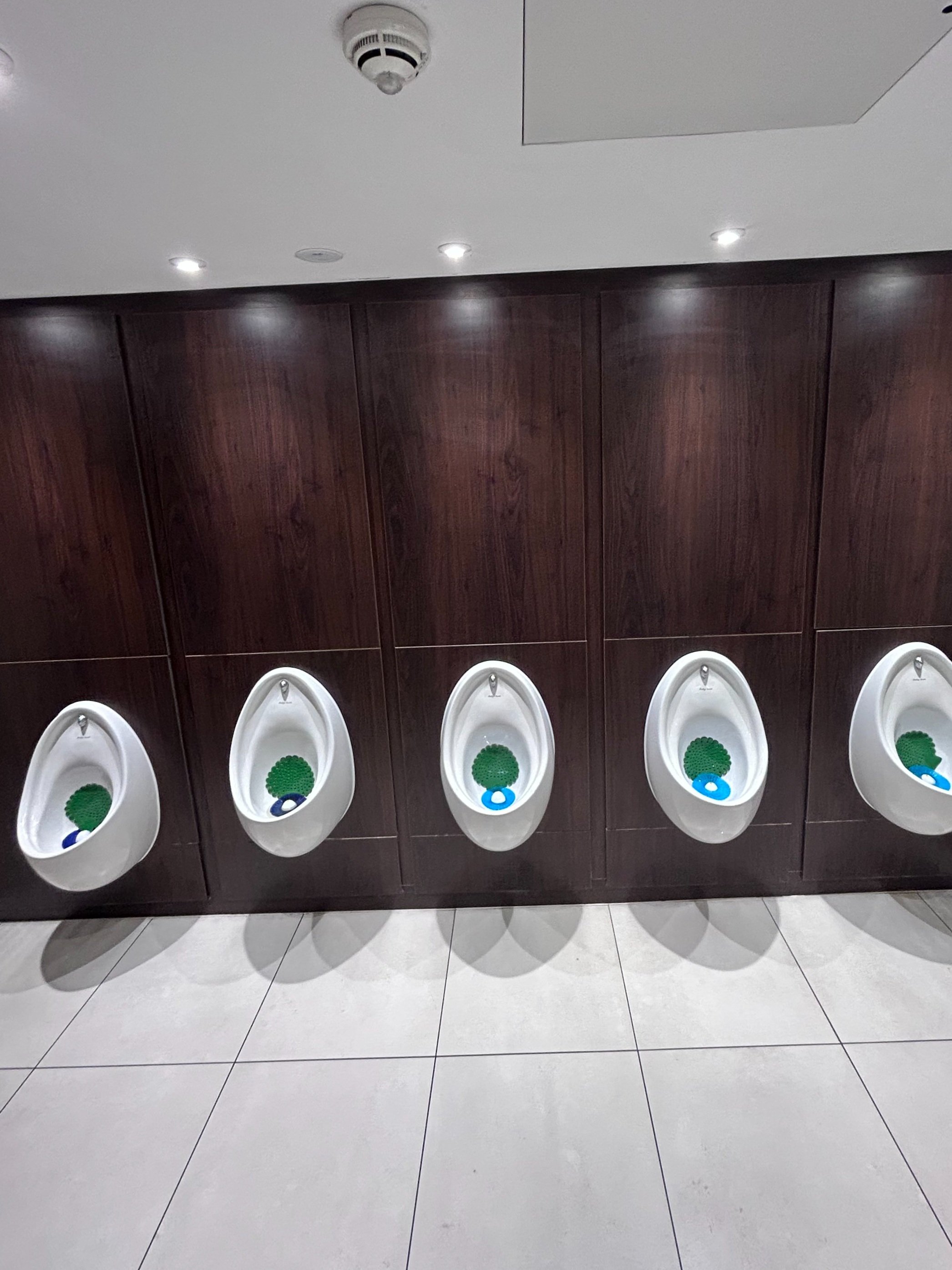 Five urinals mounted on a dark wooden wall in a men's restroom, each with green and blue urinal screens, and a tiled floor below.