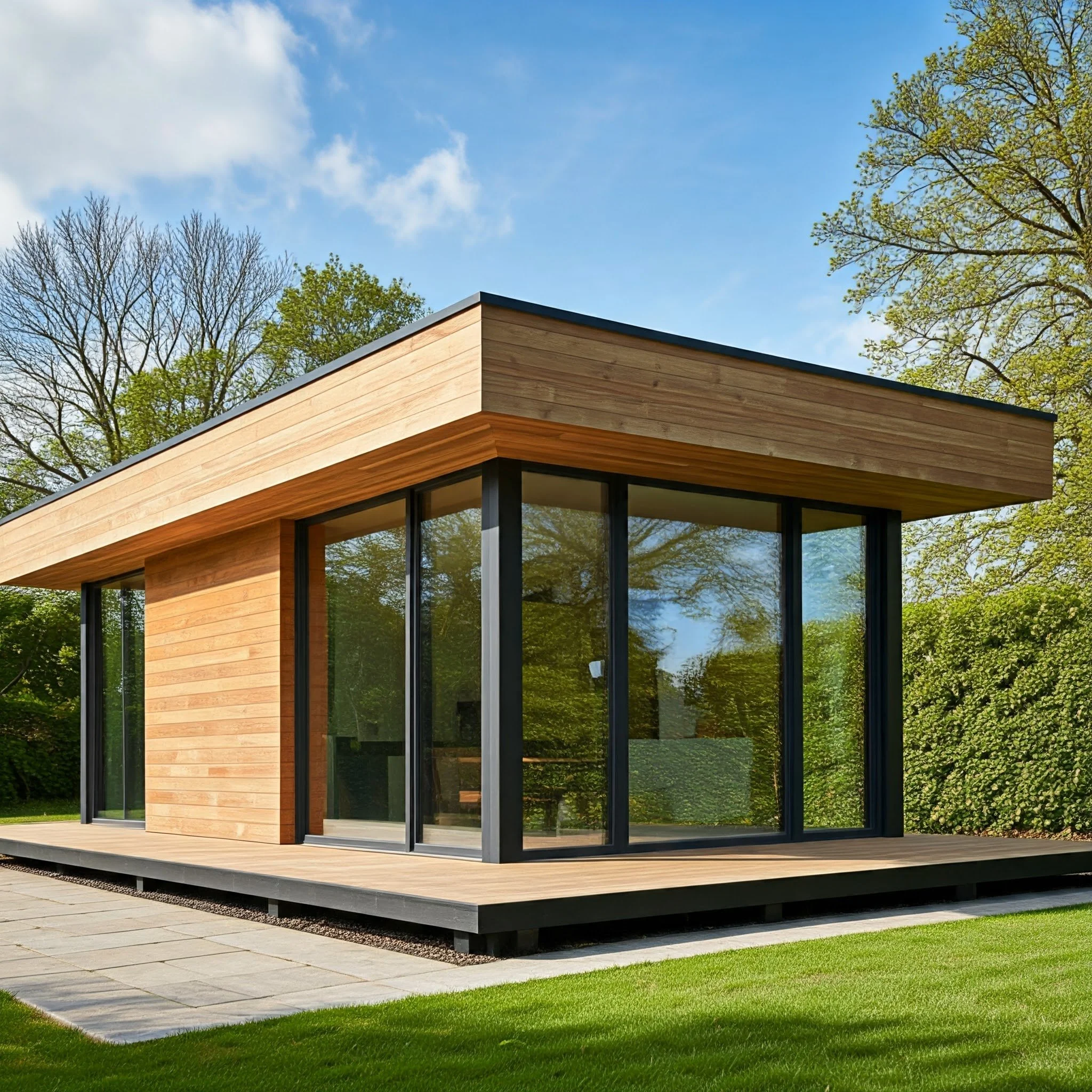 Modern house with large glass windows and wooden exterior, surrounded by green trees and a manicured lawn.