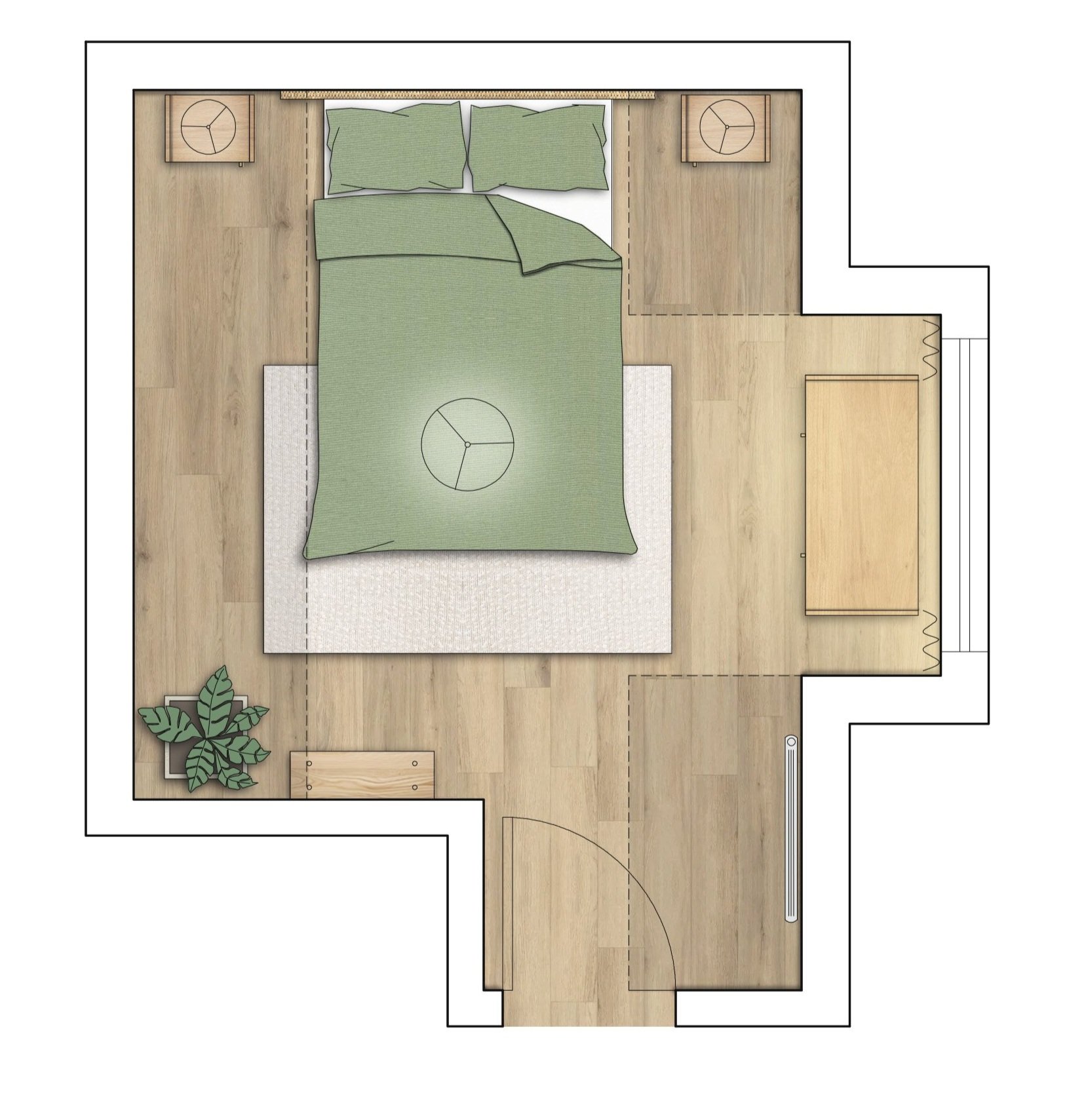Rendered floor plan showing the furniture layout