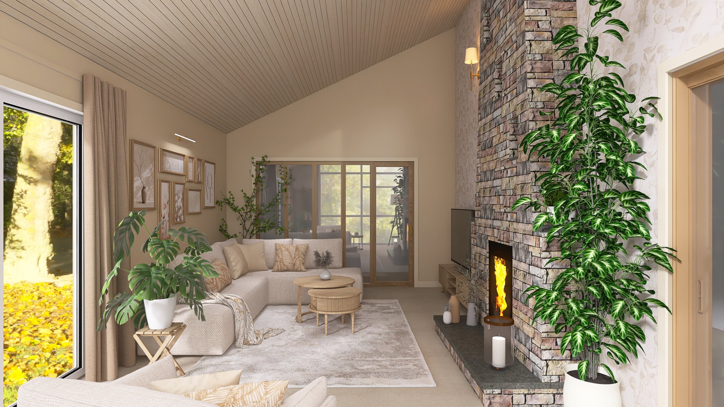 We used a subtle floral wallpaper on the fireplace wall to create a feature. On the other walls we have used a warm neutral paint colour. We then paired this together with a neutral sofa and light wood furniture.
There's lots of natural light within