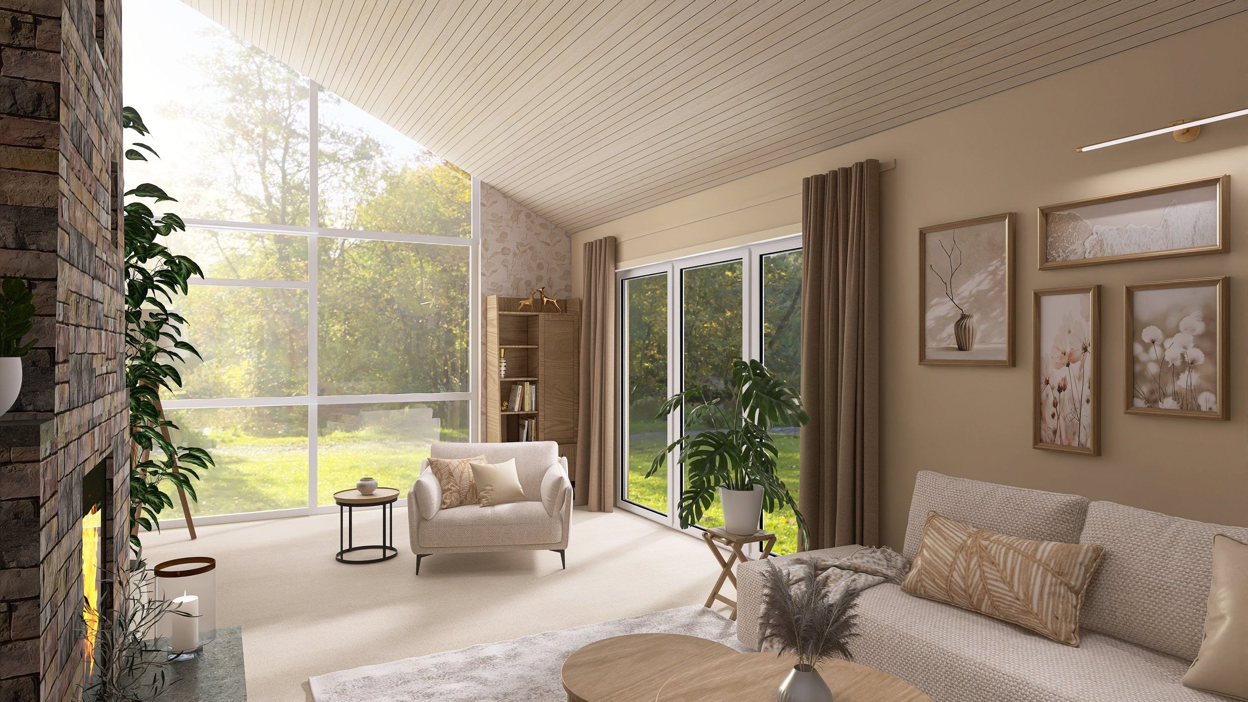 For the soft furnishings, we paired the wallpaper with a light neutral sofa and added tonal cushions. To create a slight contrast in the tones and to add texture, we added in natural woods in the furniture.
