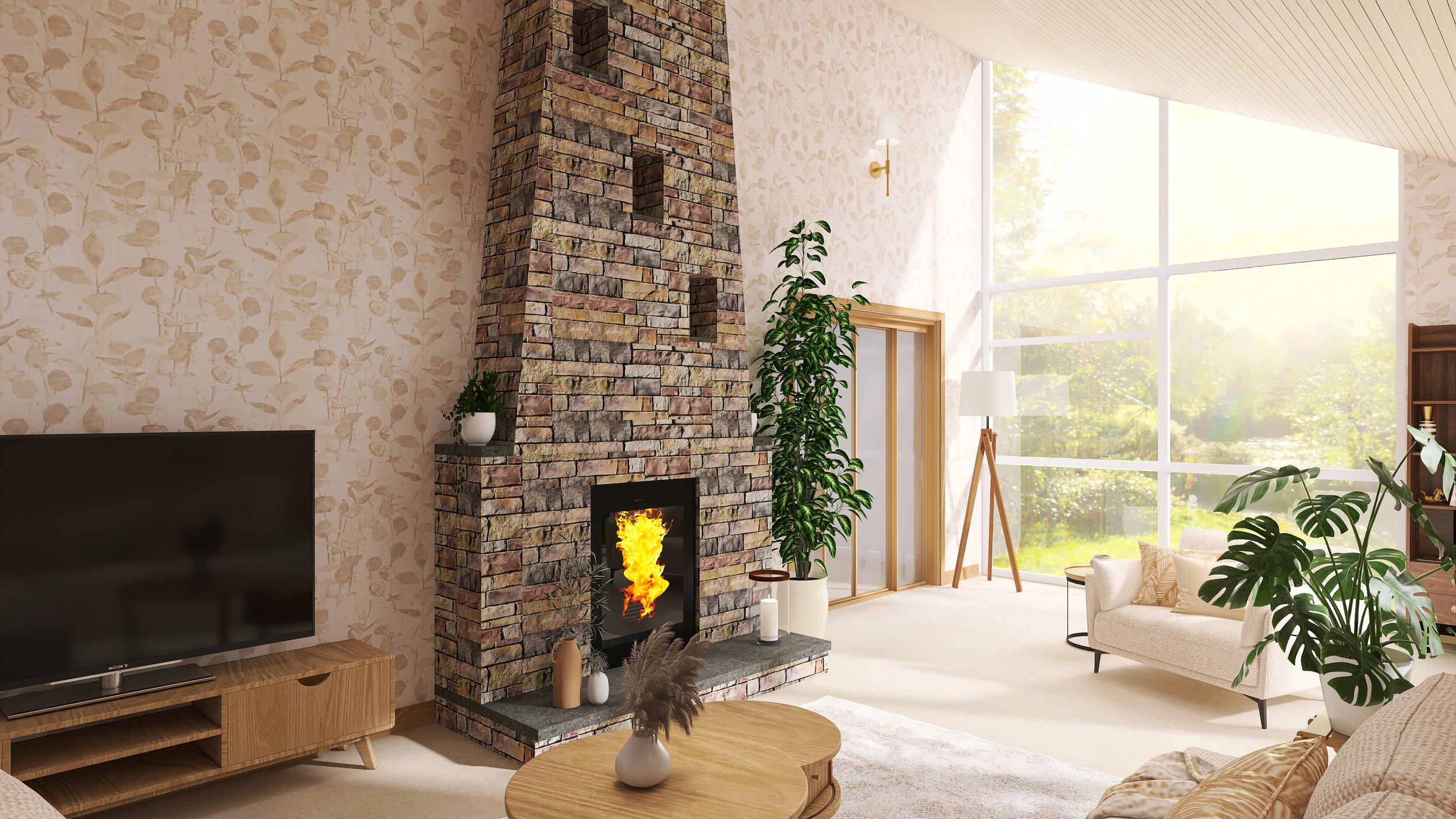 As the room has no ceiling lights, we have added in large feature wall lights on the fireplace wall. We have also added a gallery to the wall behind the sofa to add interest and to create another focal point.