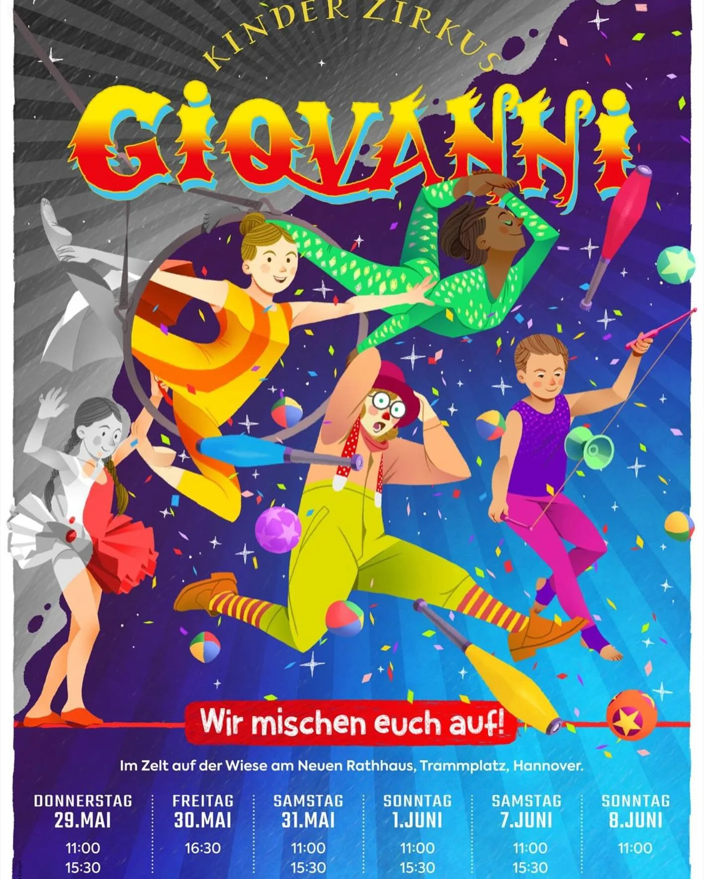 💛❤️🧡BESSER BUNT!!!💚💙💜
Himmelfahrt geht&rsquo;s heiter weiter - *WIR MISCHEN EUCH AUF* am Neuen Rathaus, Tickets unter www.kinderzirkus-giovanni.de #kinderzirkusgiovanni #hannovermitkind#kidshannover