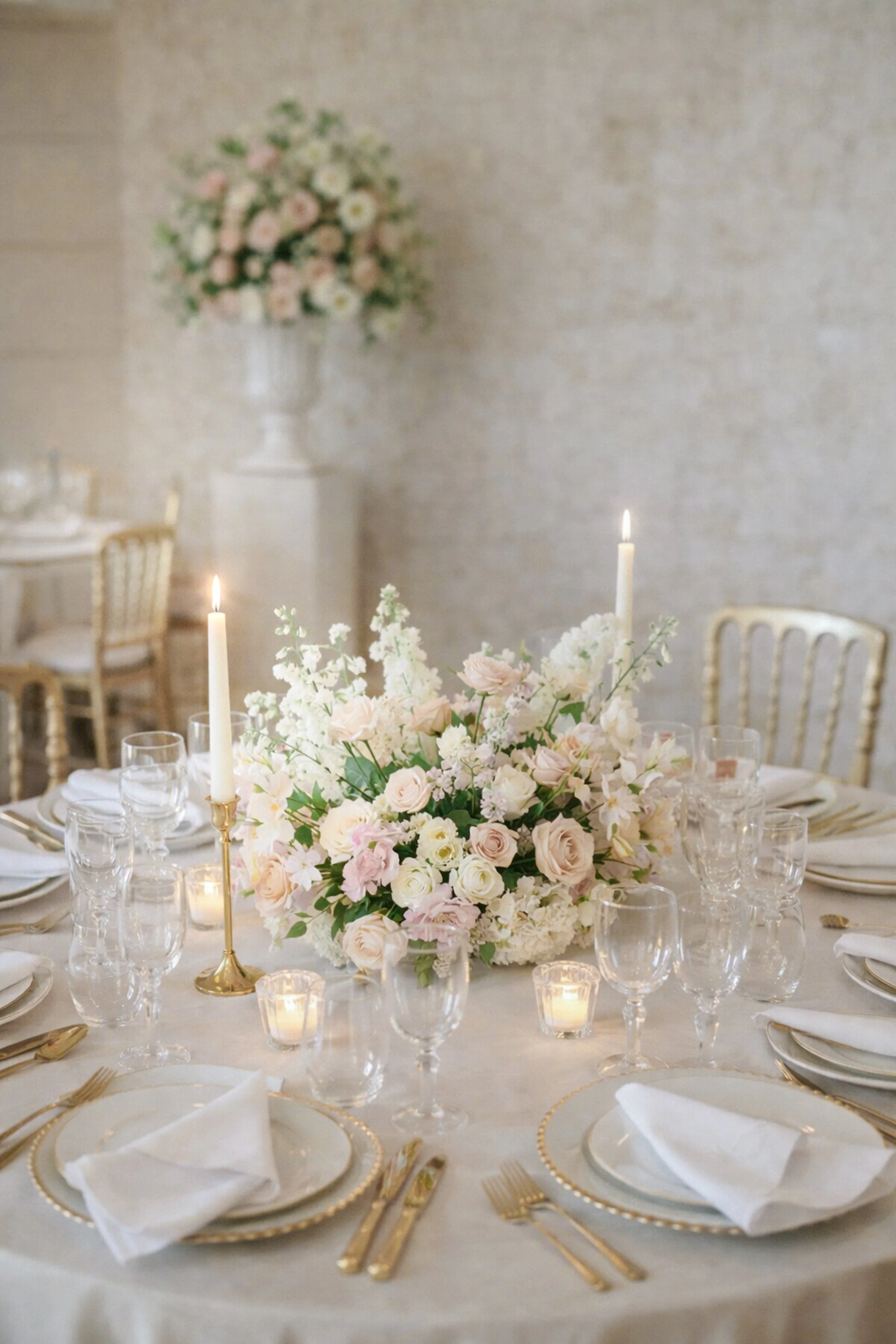 Destination wedding welcome dinner with rond tables, candles, and guests gathered together.