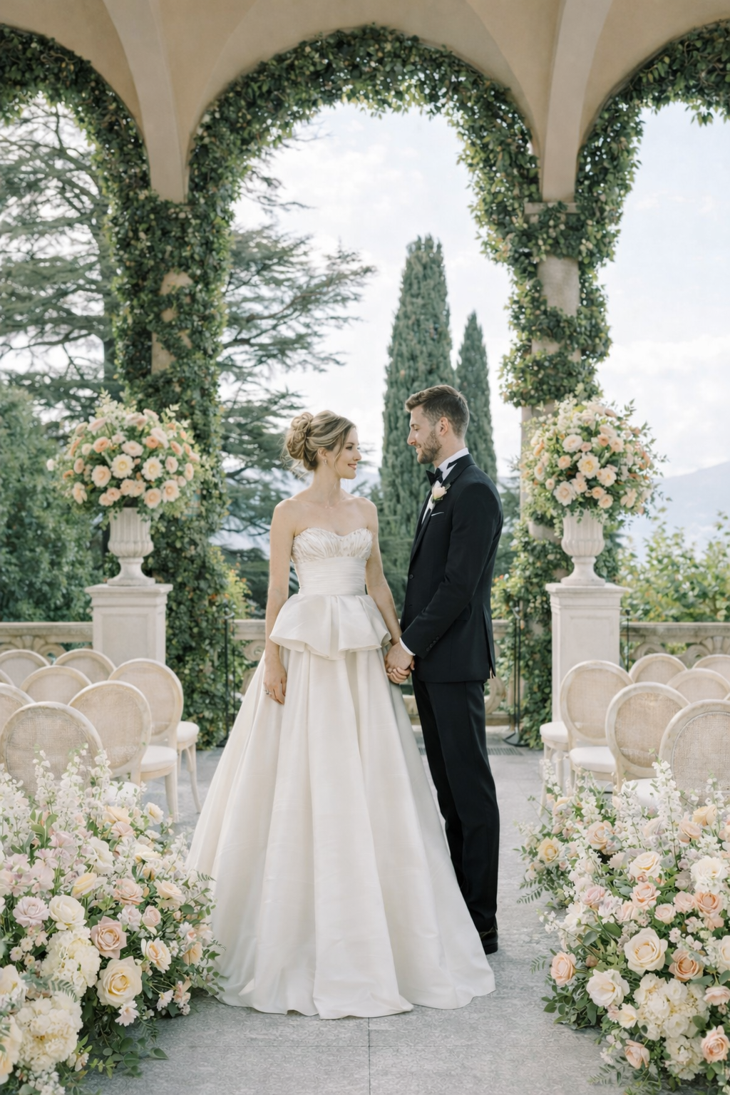Bride and groom walking through a romantic château in Tuscany after their wedding ceremony.