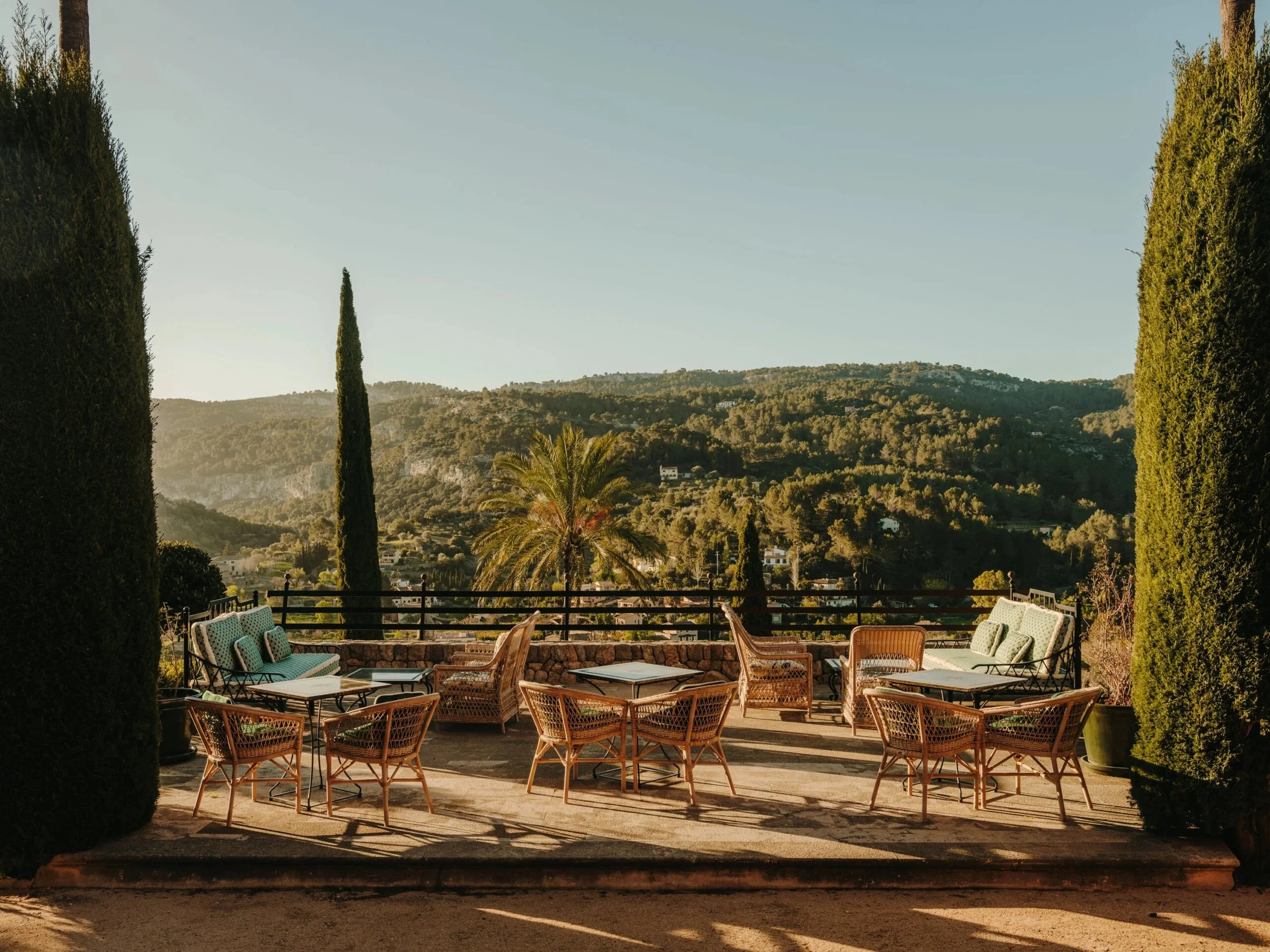 Panoramic terrace at Grand Hotel Son Net overlooking the Mallorca mountains, ideal for sunset drinks.