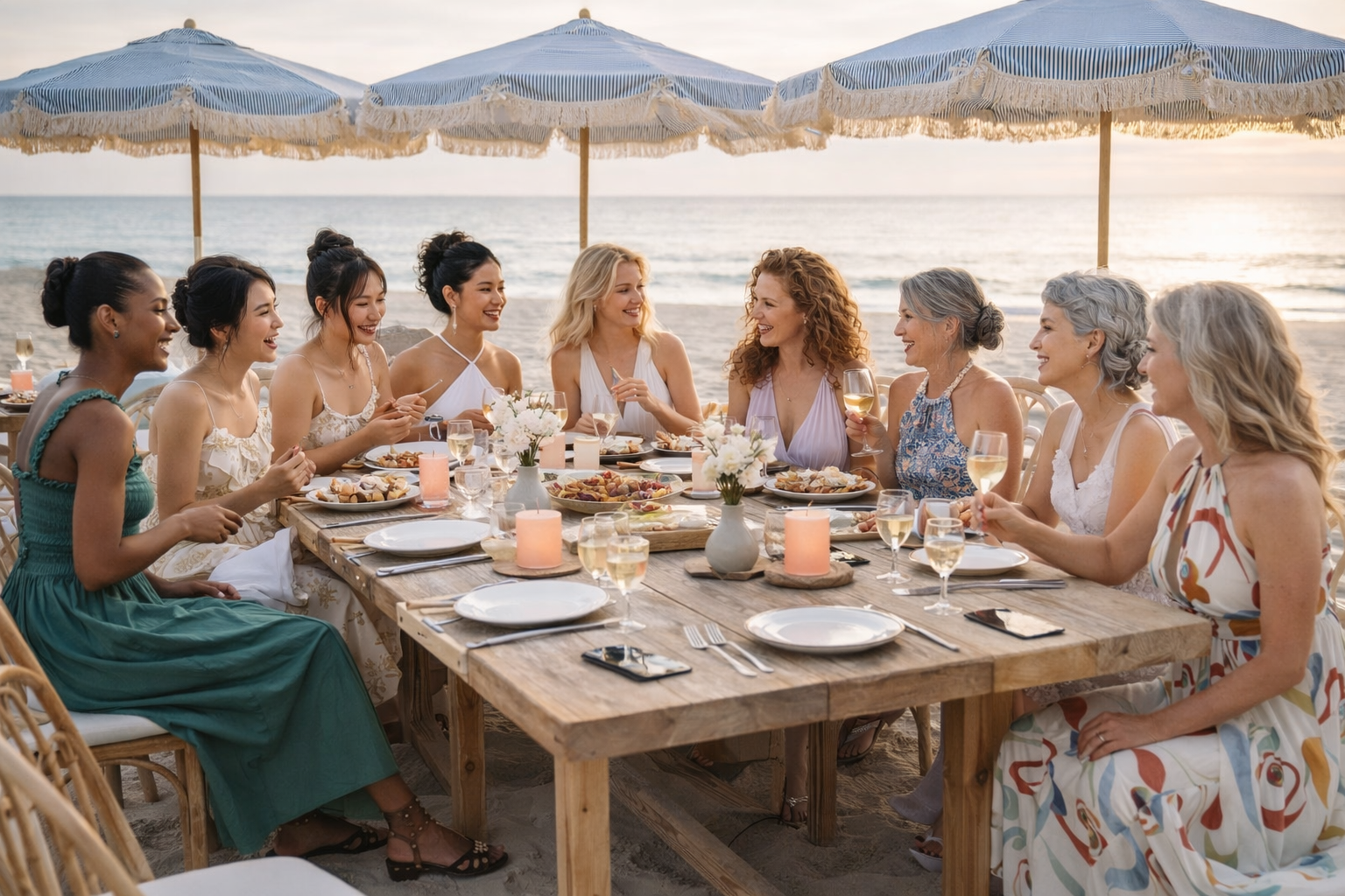 Destination bachelorette beach dinner in Europe with women of all ages celebrating the bride