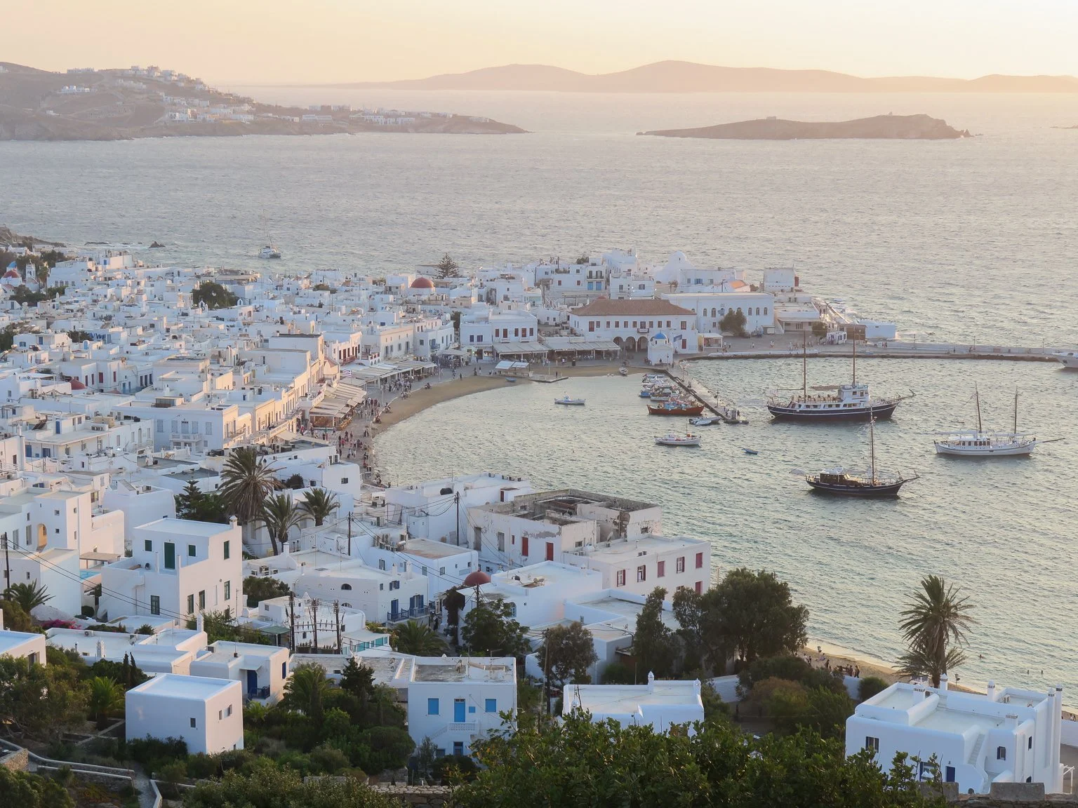 mykonos city at sunset