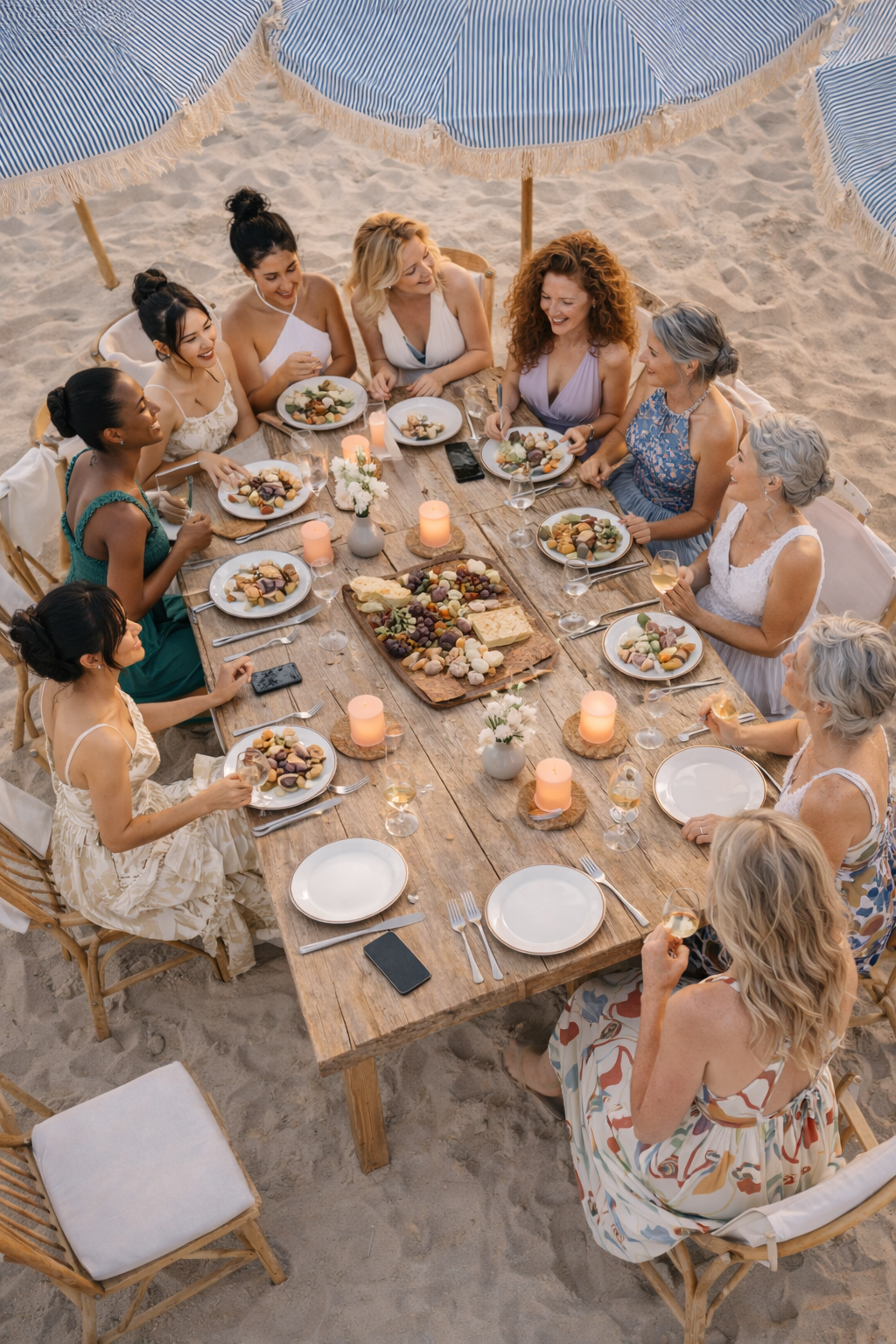 Luxury European destination bachelorette dinner on the beach with friends and family celebrating the bride