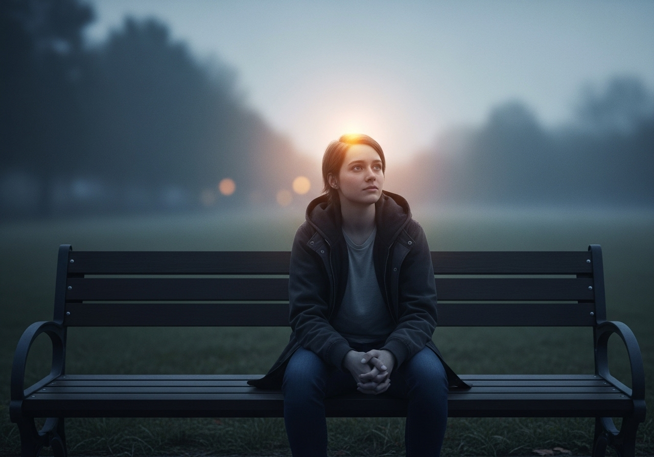 Junge Frau sitzt nachdenklich auf einer Parkbank im Nebel, Sonnenaufgang im Hintergrund.