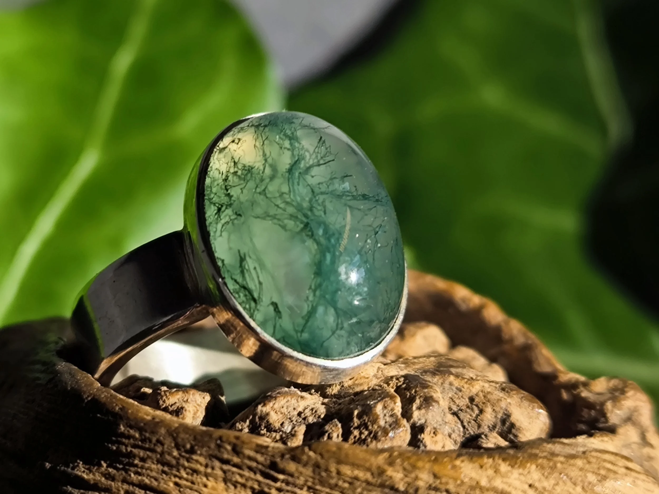 Moosachat, Silberring, handgemacht