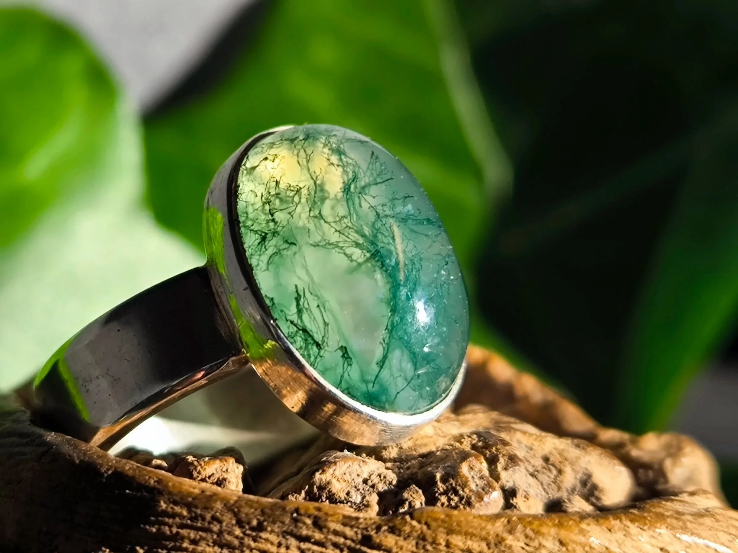 Moosachat, Silberring, handgemacht