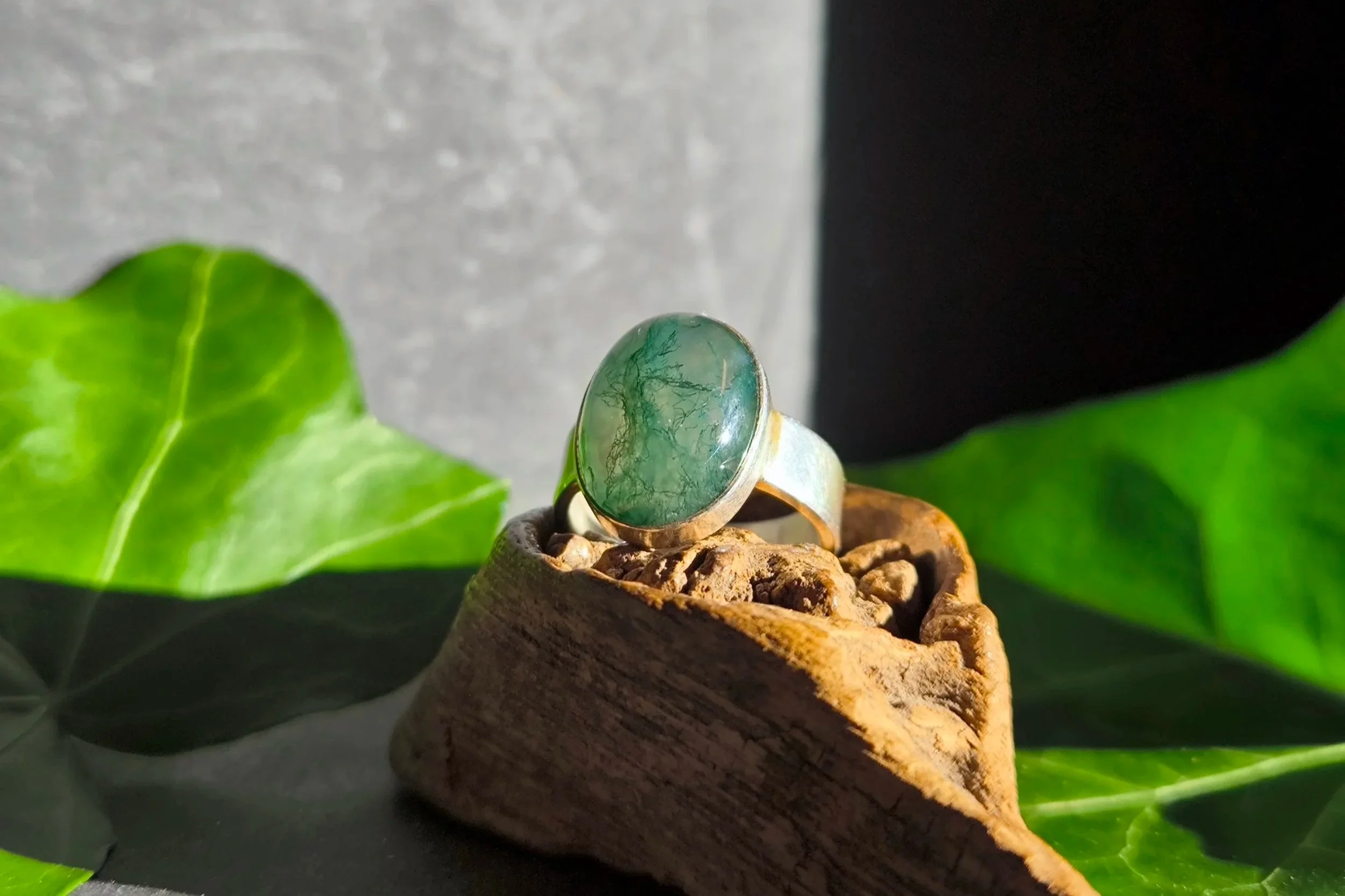 Silberring, Moosachat, handgemacht