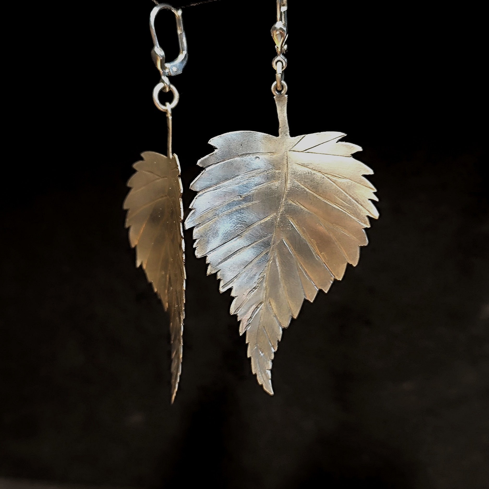 Ohrhänger aus Silber, Birkenblätter handgemacht, Unikatschmuck