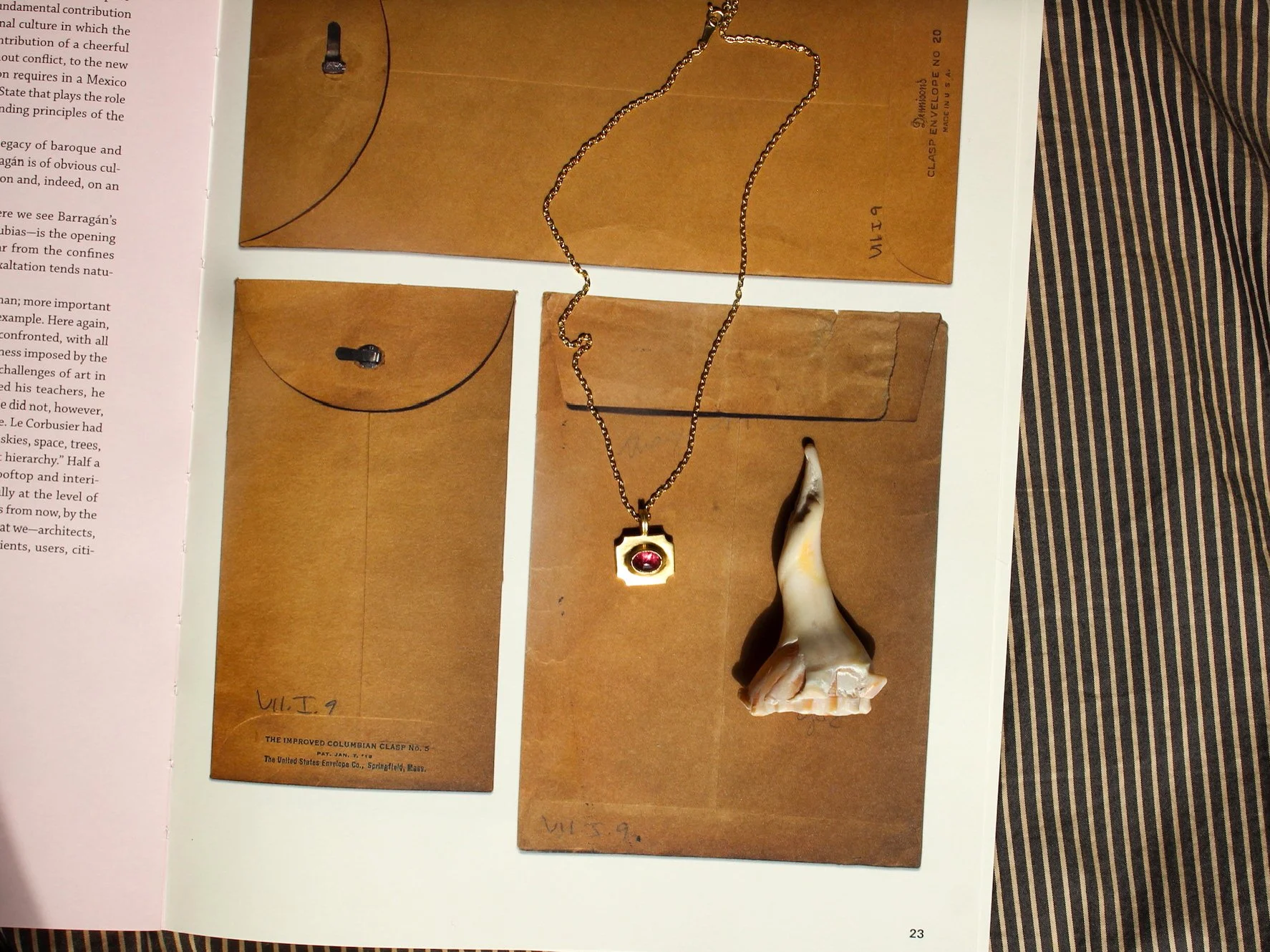 Display of vintage items including a gold necklace with a red gemstone pendant, a large animal tooth, and several paper envelopes or packages on a white background, with handwritten labels and printed text.