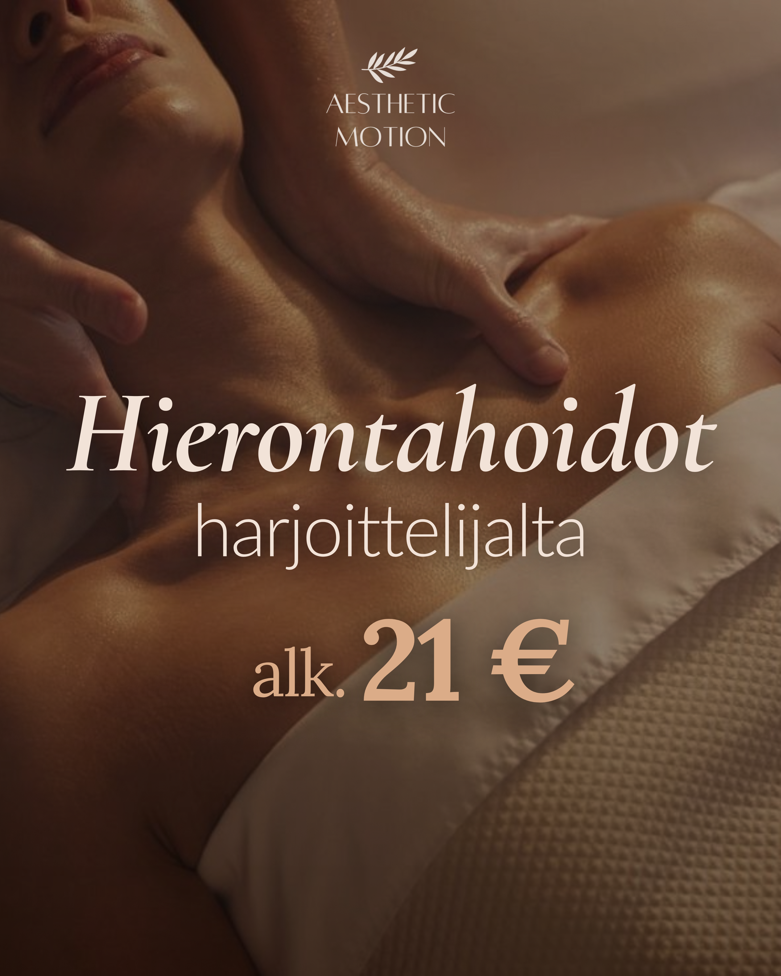 Harjoittelijahoidot Aesthetic Motionissa ✨

15.4 alkaen tarjoamme hierontoja myös harjoittelijan tekemänä.

Valittavanasi:
• Klassinen hieronta
• Päähieronta
• Kuumakivihieronta

Hinnat alk. 21 €

Hetki rentoutumiseen ja palautumiseen 🤍

Varaa aika 