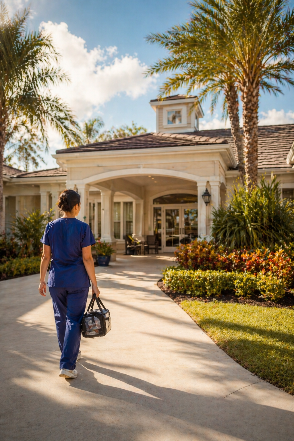 A woman in blue scrubs walking towards the entrance of a large house with white columns, surrounded by palm trees and landscaped garden.