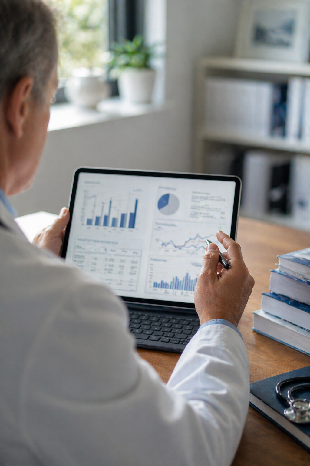 Doctor analyzing graphs and patient chart results on a tablet at a desk in a medical office