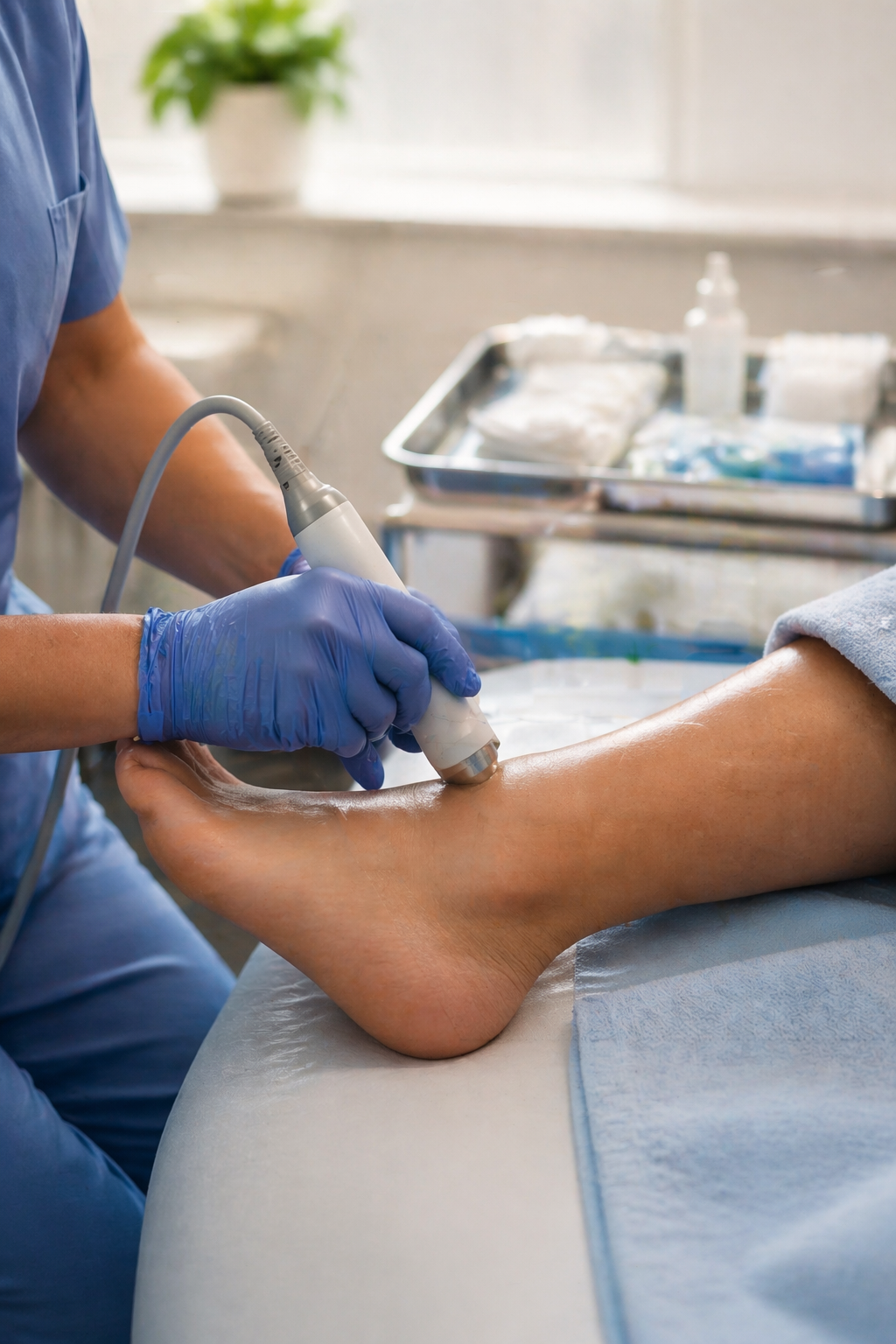 Medical professional performing a procedure on a patient's foot using a handheld device, with medical supplies on a tray in the background.
