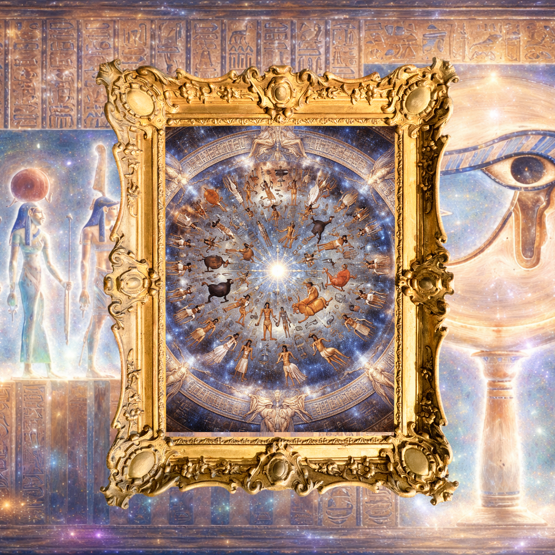 A glowing astrology chart with zodiac signs, surrounded by sparkles and framed in a gold border, set against a cosmic background with stars and bright light.