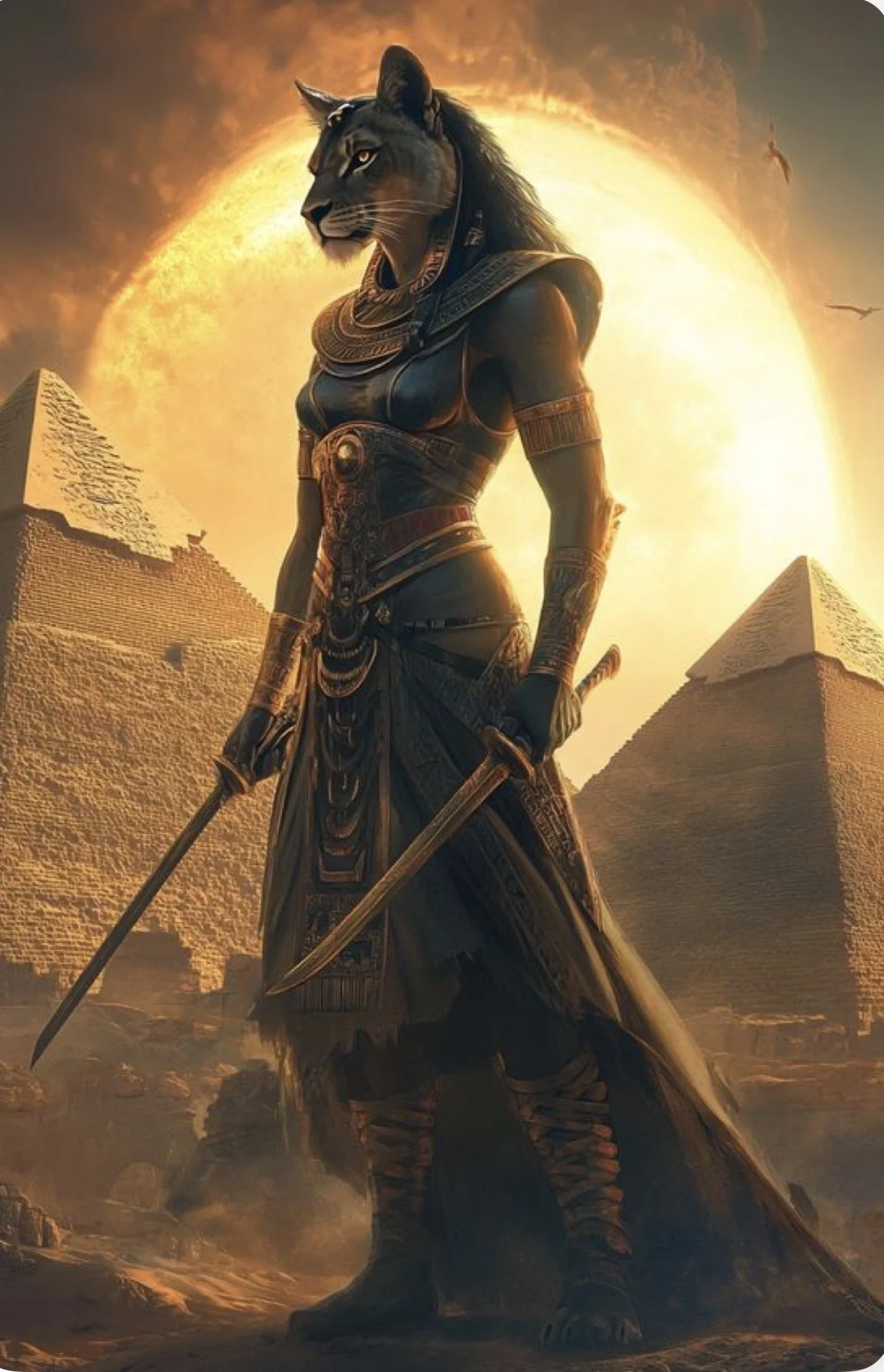 A humanoid figure with a saber-tooth cat's head, dressed in ancient Egyptian-style armor, standing in front of pyramids at sunset.