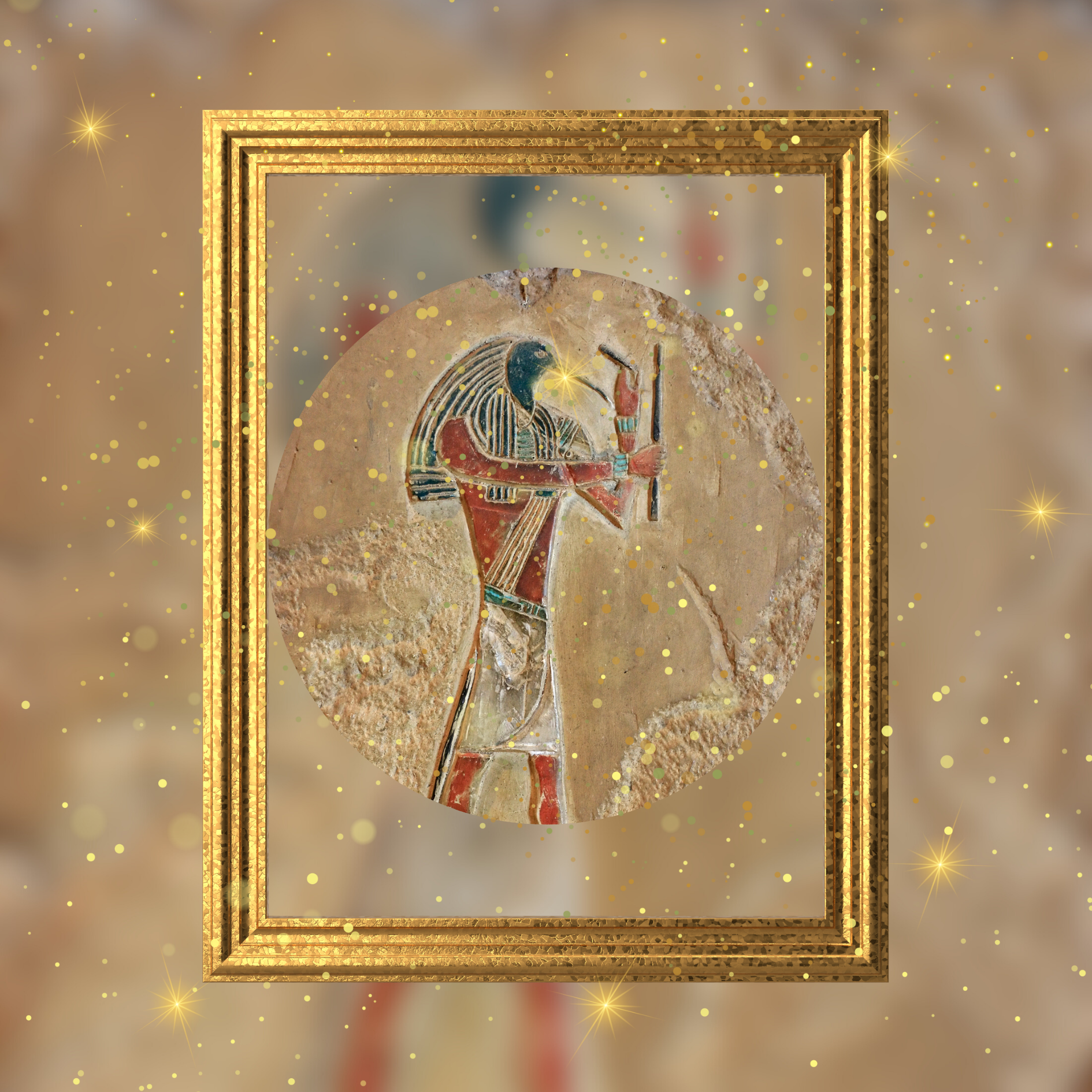 Ancient Egyptian painted shard with a depiction of a figure holding a staff, framed by a golden border with floating golden sparkles.