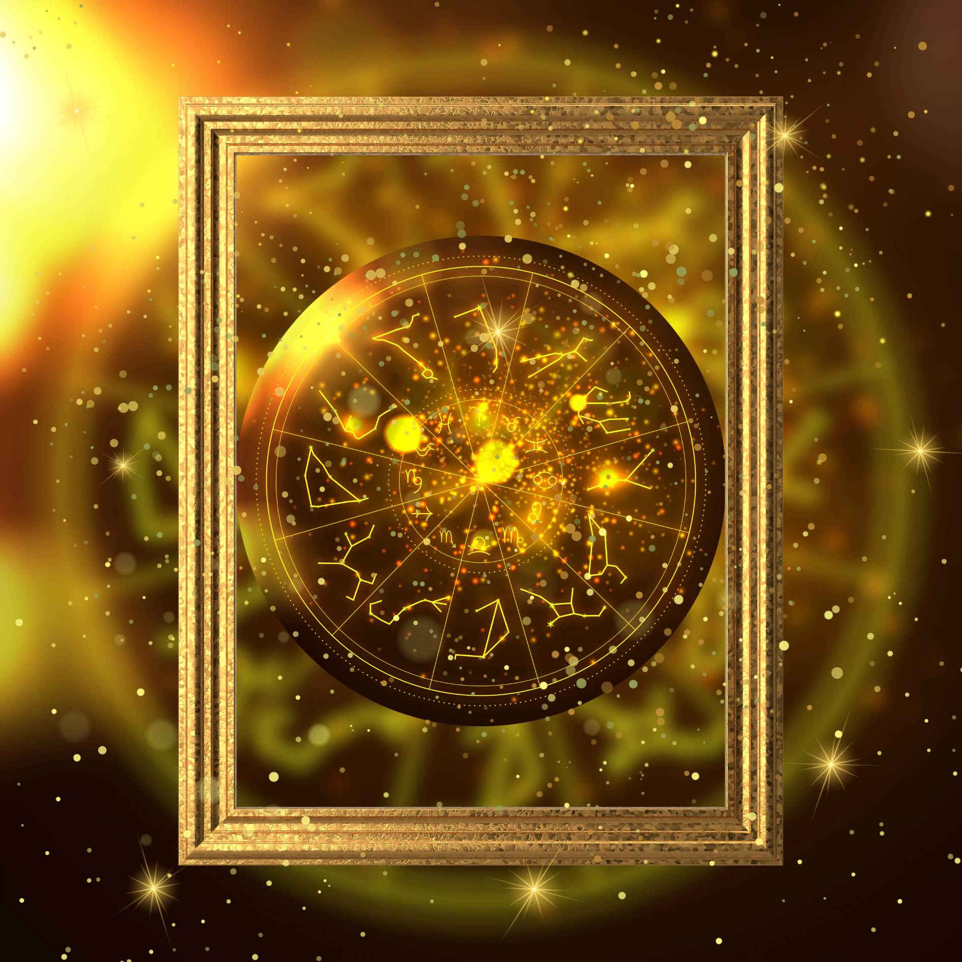 A glowing astrology chart with zodiac signs, surrounded by sparkles and framed in a gold border, set against a cosmic background with stars and bright light.