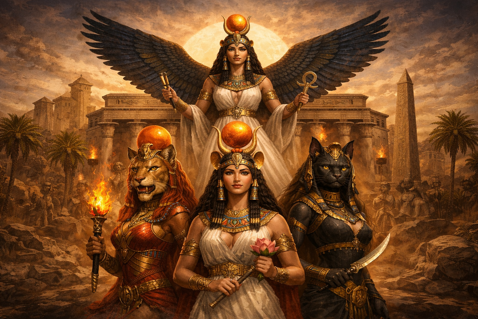 A fantasy artwork depicting four women with Egyptian-inspired attire and accessories, with animal masks or features resembling a lion, panther, and a woman with wings, standing in front of ancient Egyptian ruins.